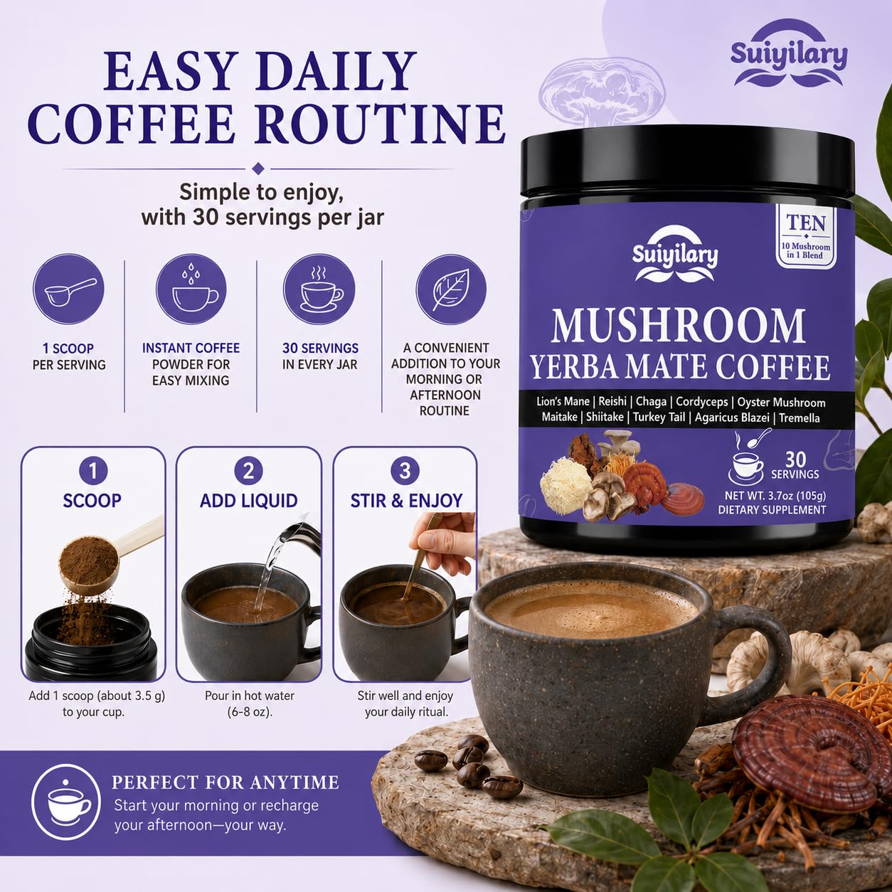 Suiyilary 10 Mushroom Coffee with Arabica, Lion's Mane, Yerba Mate Powder, 3.7 oz, 30 Servings