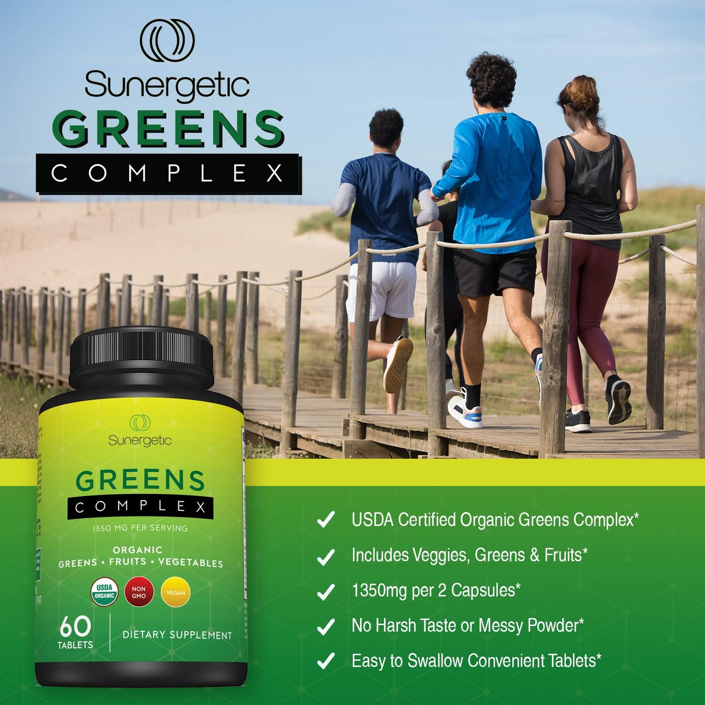 Sunergetic Premium USDA Organic Greens Superfood Tablets, 60 Tablets