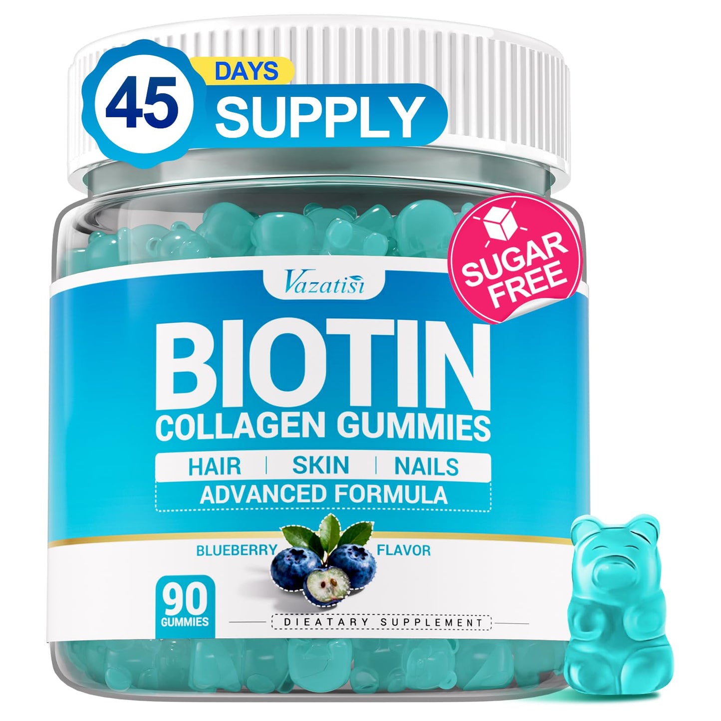 Vazatisi Biotin Gummies 15,000 mcg with Collagen & Keratin – 13-in-1 Hair Skin & Nails Gummies for Women & Men, Hair Growth, Sugar Free Non-GMO, Blueberry, 90 Count