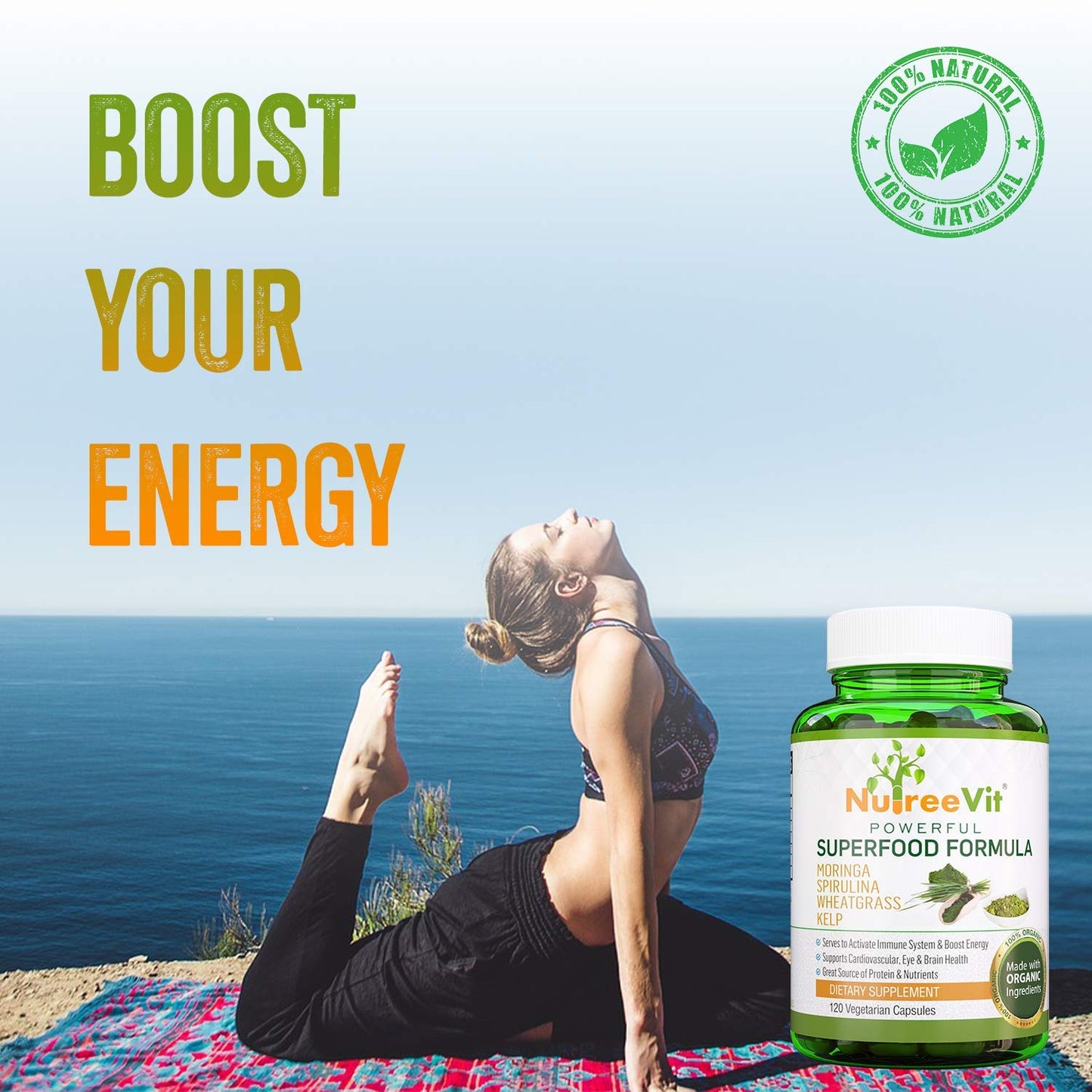 NutreeVit 100% Organic Powerful Superfood Formula Immune System Booster with Moringa, Spirulina, Wheatgrass, and Kelp Capsules, 200 Count
