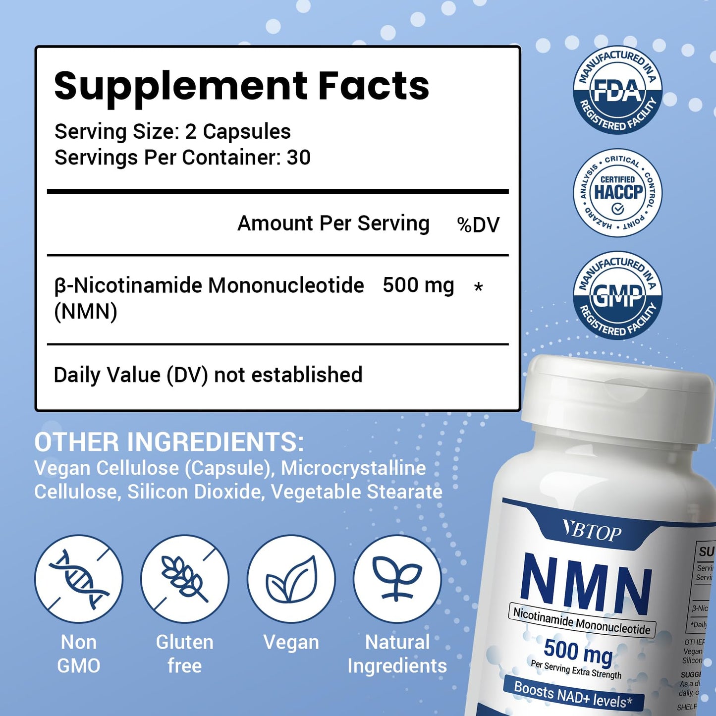 VBTOP NMN 500 mg Nicotinamide Mononucleotide Supplement, 60 Capsules