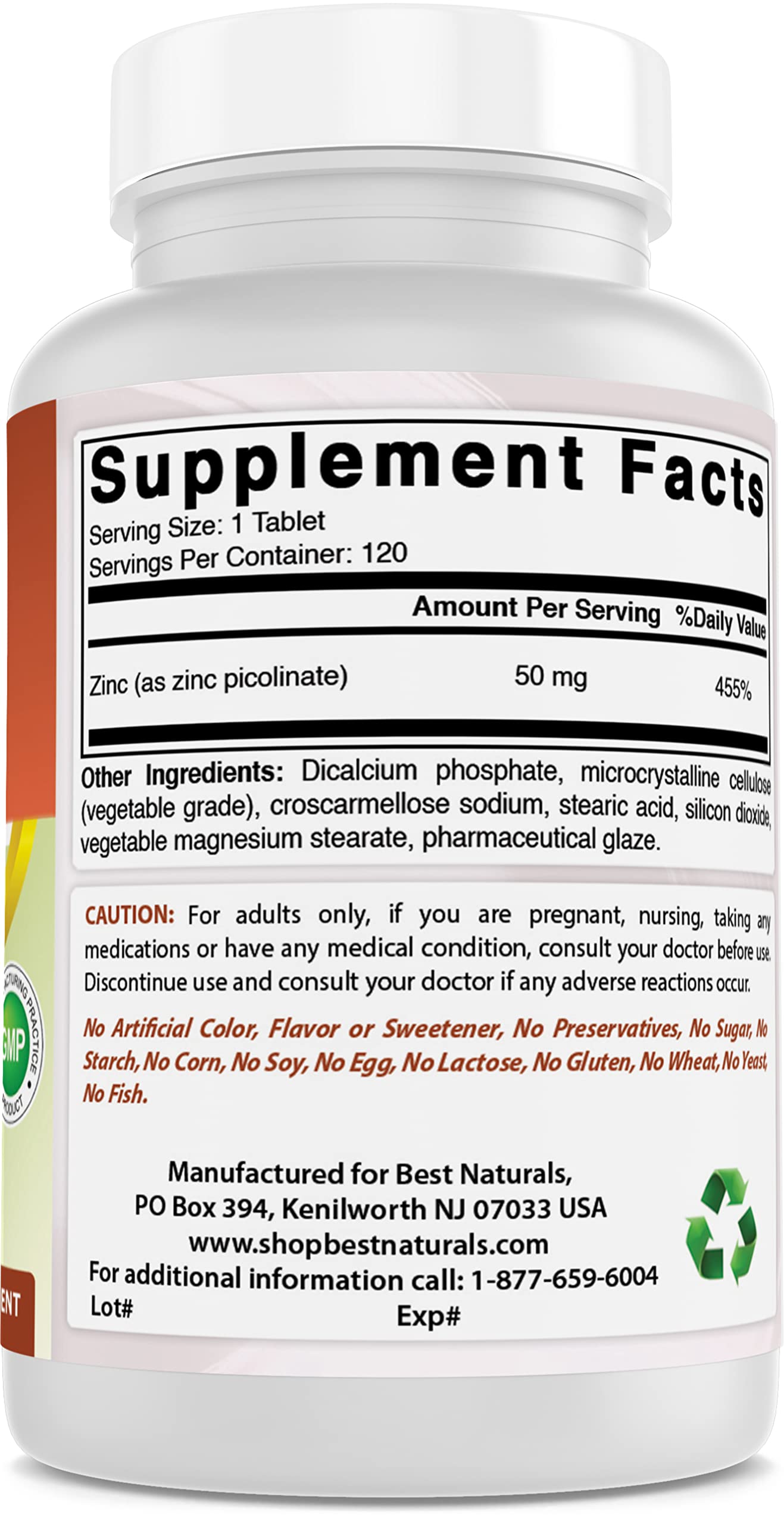 Best Naturals Zinc 50mg Supplements (as Zinc Picolinate) Tablets, 360 Count