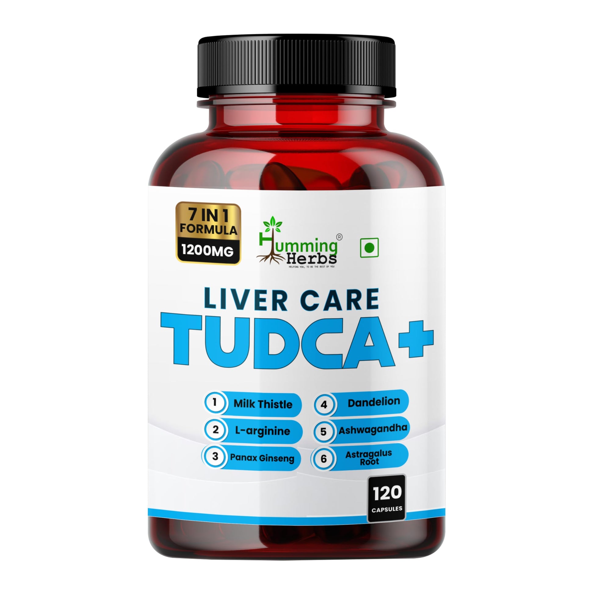 Humming Herbs TUDCA Supplement 7in1 Complex with Milk Thistle, L-Arginine, Ashwagandha, Dandelion, Astragalus Root 120 Capsules