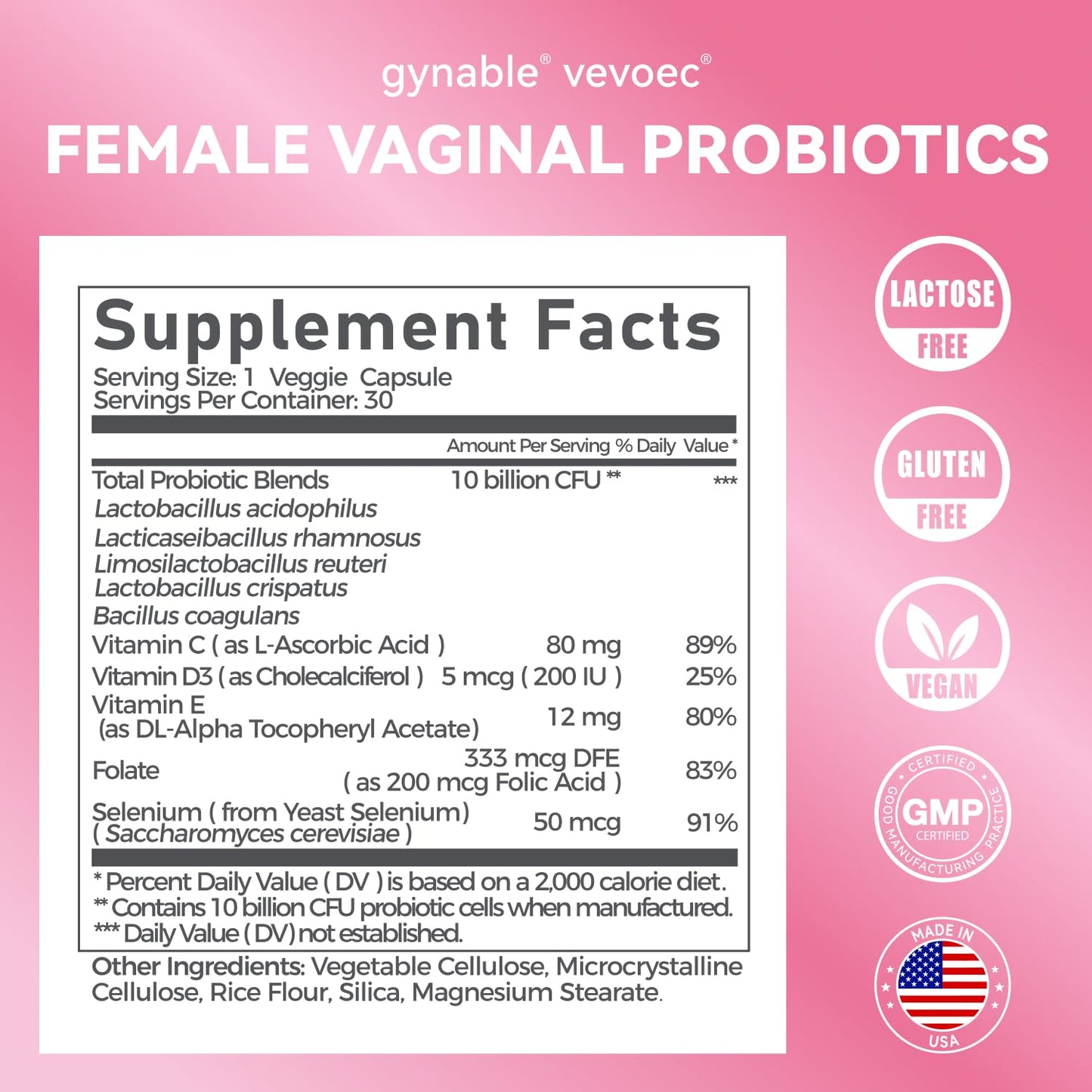 Vevoec Gynable Vaginal Probiotic for Women - Female Probiotic for pH Balance, Upgraded to 10 Billion CFU Probiotics Odor Control, Yeast Balance, Promote Healthy Vaginal Flora & Feminine Health, Capsules, 30 Count