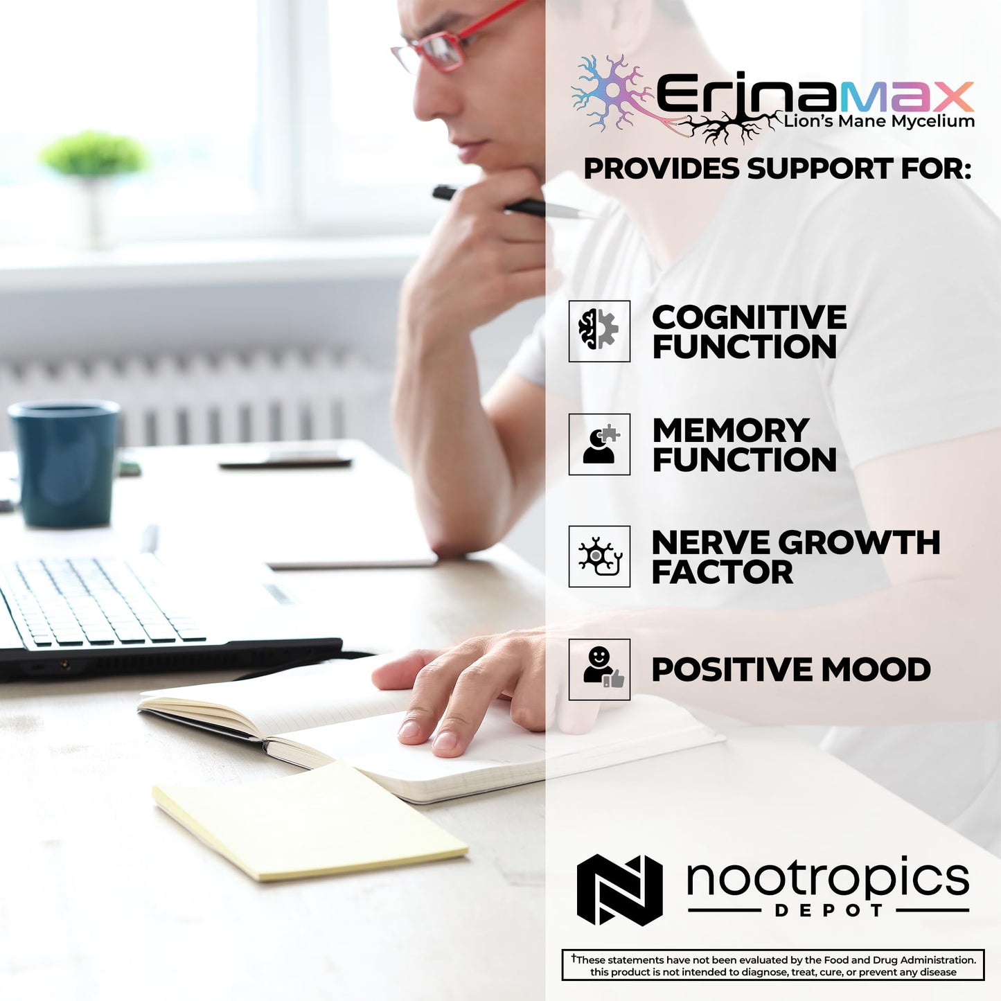 Nootropics Depot Erinamax Lion's Mane 500mg Capsules | Liquid Culture Mycelium | 2.5mg Erinacine A | Mood, Cognition, & Nerve Support, 120 Count