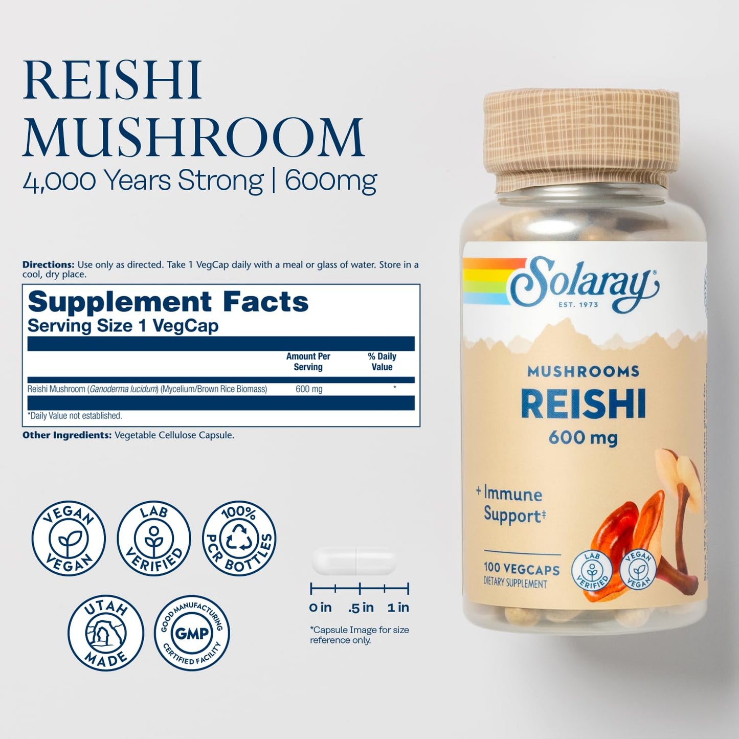 SOLARAY Reishi Mushroom 600mg Capsules, 100 Count