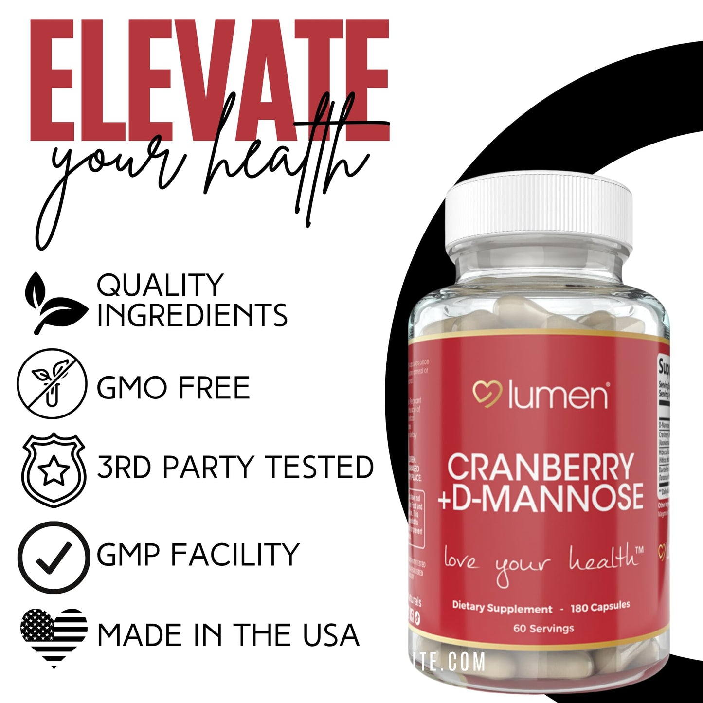 Lumen Naturals Cranberry + D-Mannose for Women - Cranberry, D-Mannose, Hibiscus, Dandelion Extract Blend Capsule, 180 Count