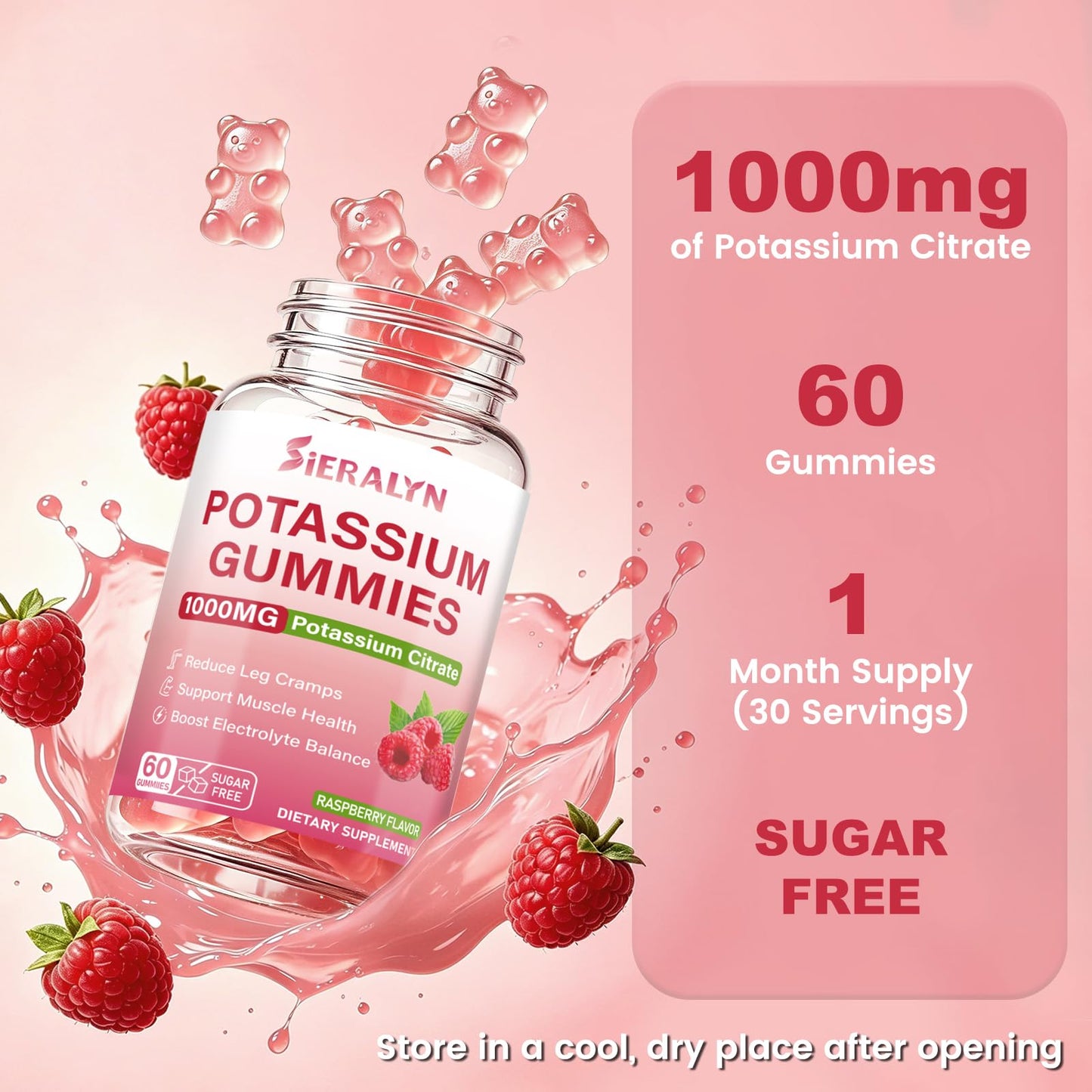 Sieralyn Potassium Citrate Gummies 1000mg Potassium Supplement for Women & Men, 60 Gummies