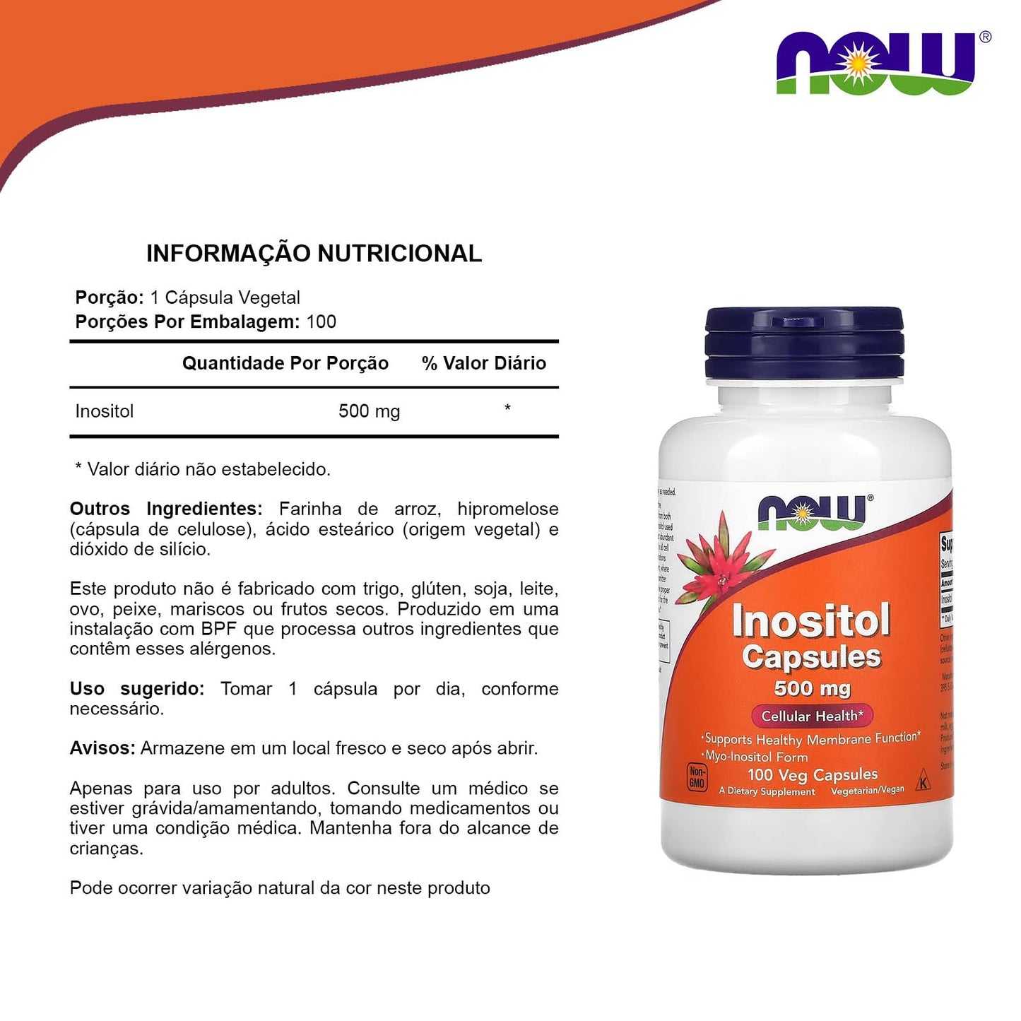 NOW Foods Supplements, Inositol 500 mg, Healthy Membrane Function*, Cellular Health*, 100 Veg Capsules