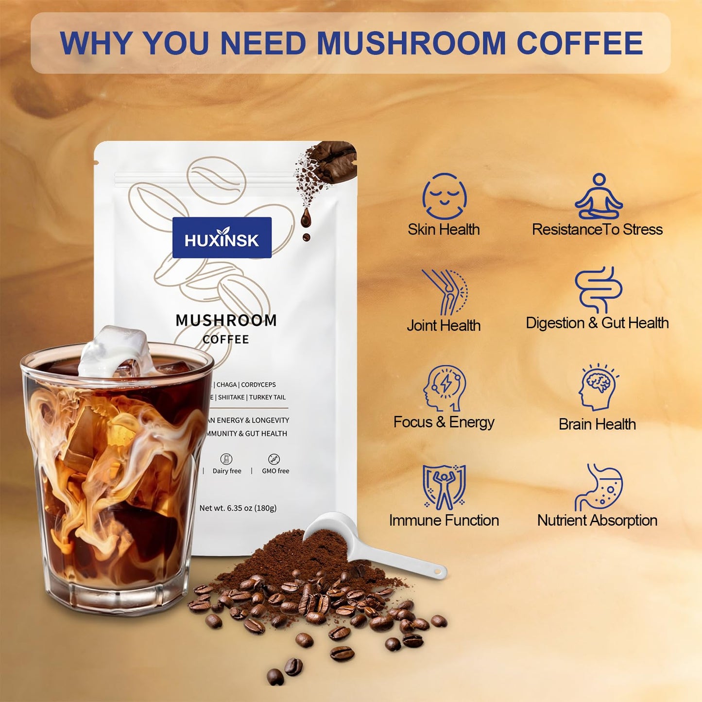 HUXINSK Organic Mushroom Coffee Instant Coffee with Lion’s Mane, Reishi, Cordyceps, Collagen, β-Glucan (Prebiotic) Powder 6.35 oz