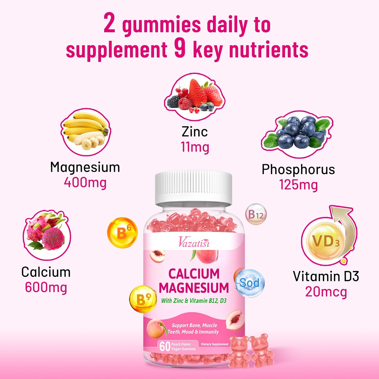 Vazatisi Calcium Magnesium Zinc Gummies with Vitamin D3 B12, Peach Flavor, 120 Gummies