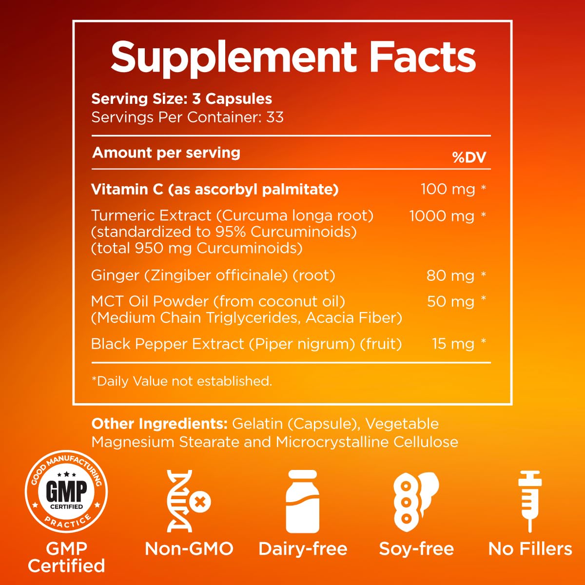 Gya Labs Turmeric Curcumin Capsules with Black Pepper, 100 Count
