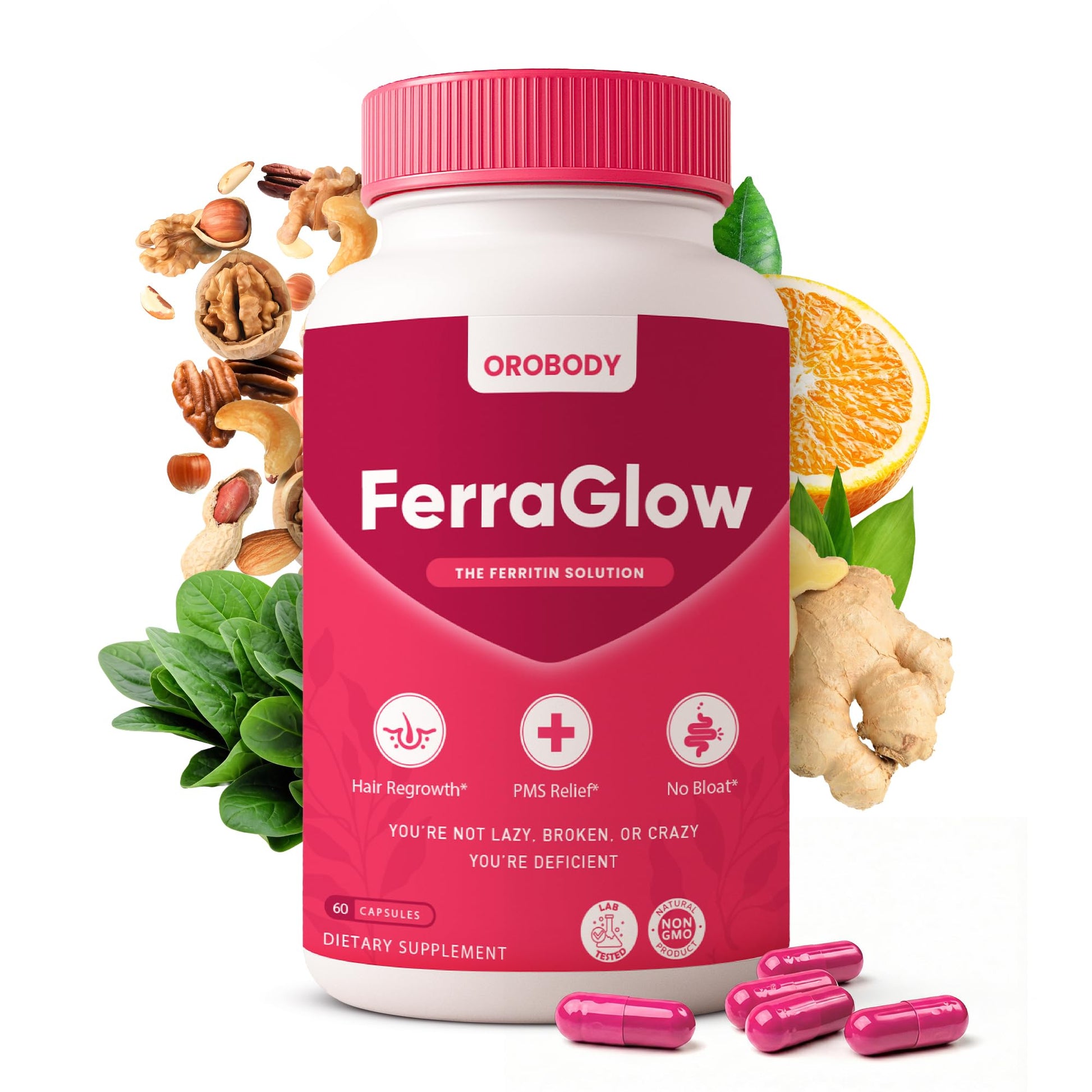 Orobody FerraGlow Gentle Iron Supplement for Women 25mg Iron Bisglycinate + Lactoferrin & Vitamin C, Supports Energy, Hair & Iron Levels, Easy on Stomach, 60 Capsules