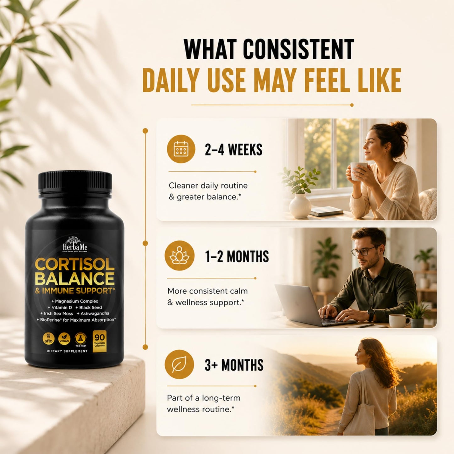 HerbaMe Stress Support Supplement for Calm Mood & Natural Cortisol Balance Capsules 90 Count