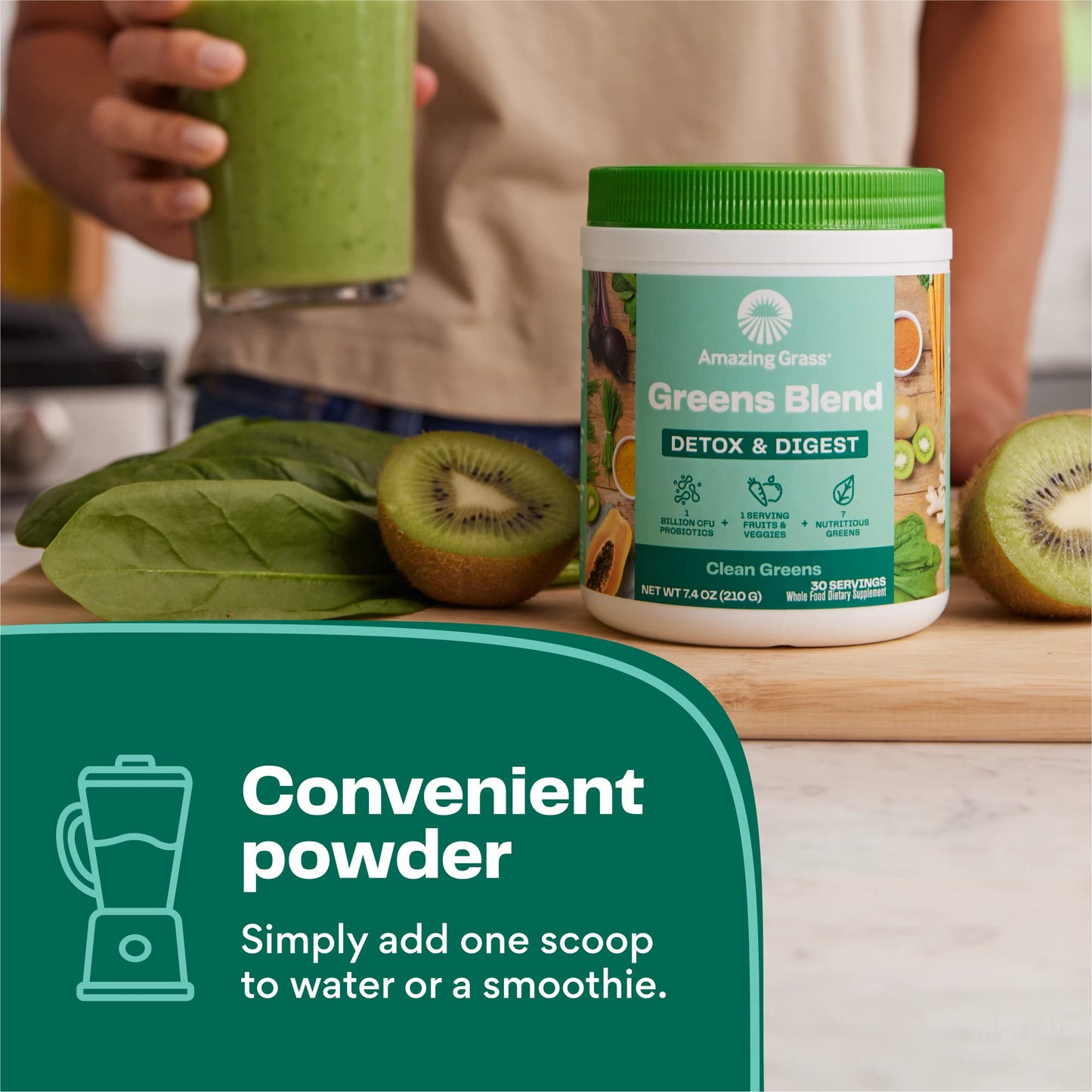 Amazing Grass Greens Blend Detox & Digest Smoothie Mix with Digestive Enzymes & Probiotics, Clean Greens Powder, Powder 7.4