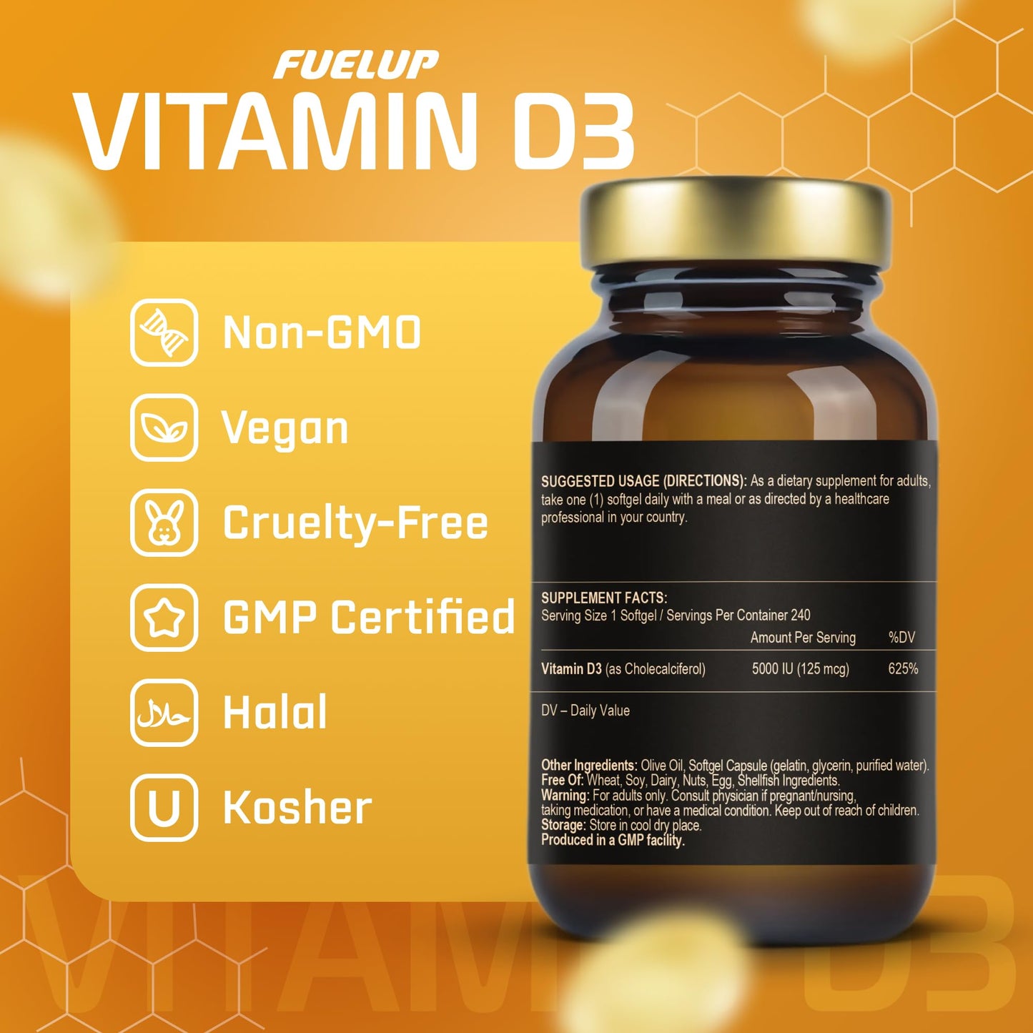 Fuelup Vitamin D3 5000 IU Softgels, 240 Count