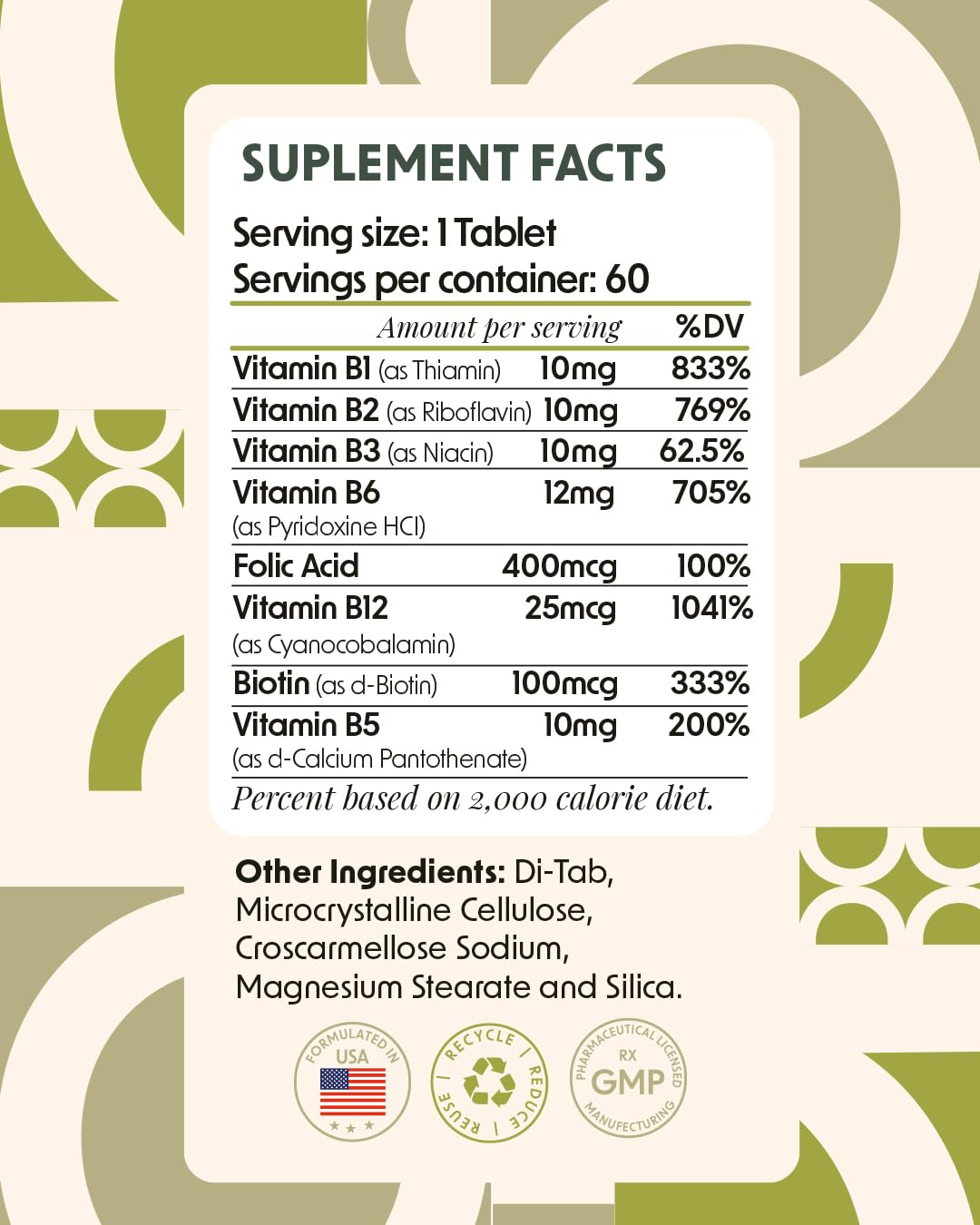 Alpha & Omega Nutrition Vitamin B-Complex + Folic Acid Tablets, 60 Count