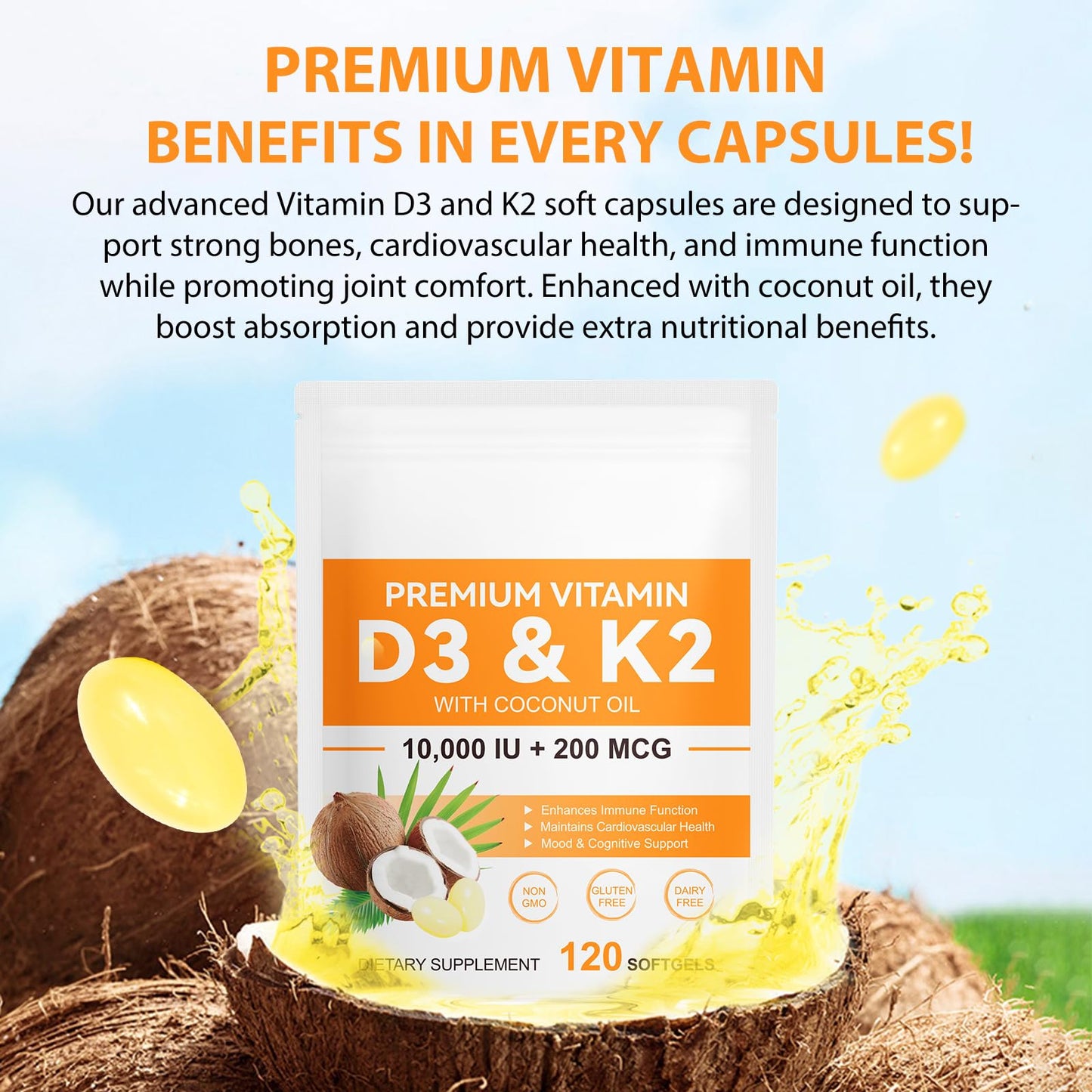 Flasture Vitamin D3 K2 Capsule, 10000 IU D3 + 200 mcg K2 (MK-7), 120 Capsules
