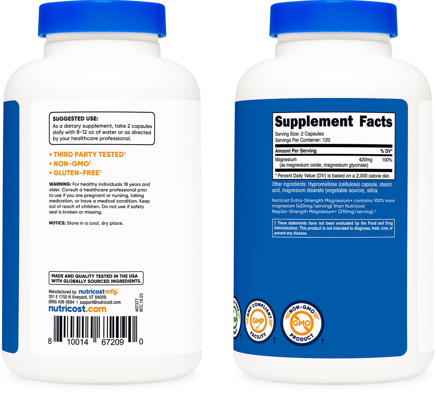 Nutricost Magnesium+ Extra Strength 420mg Capsules, 480 Count