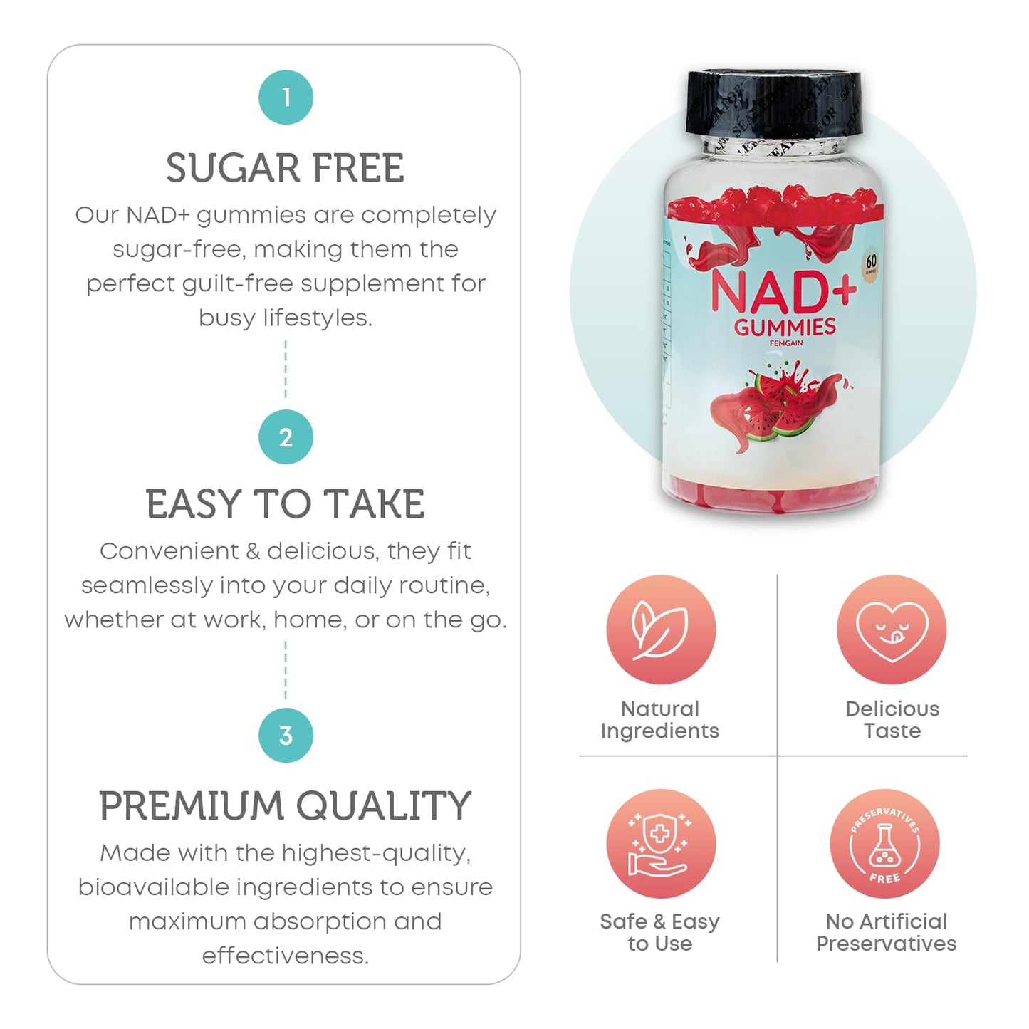 FEMGAIN NAD Gummies 1000mg, Watermelon Flavor, 60 Count