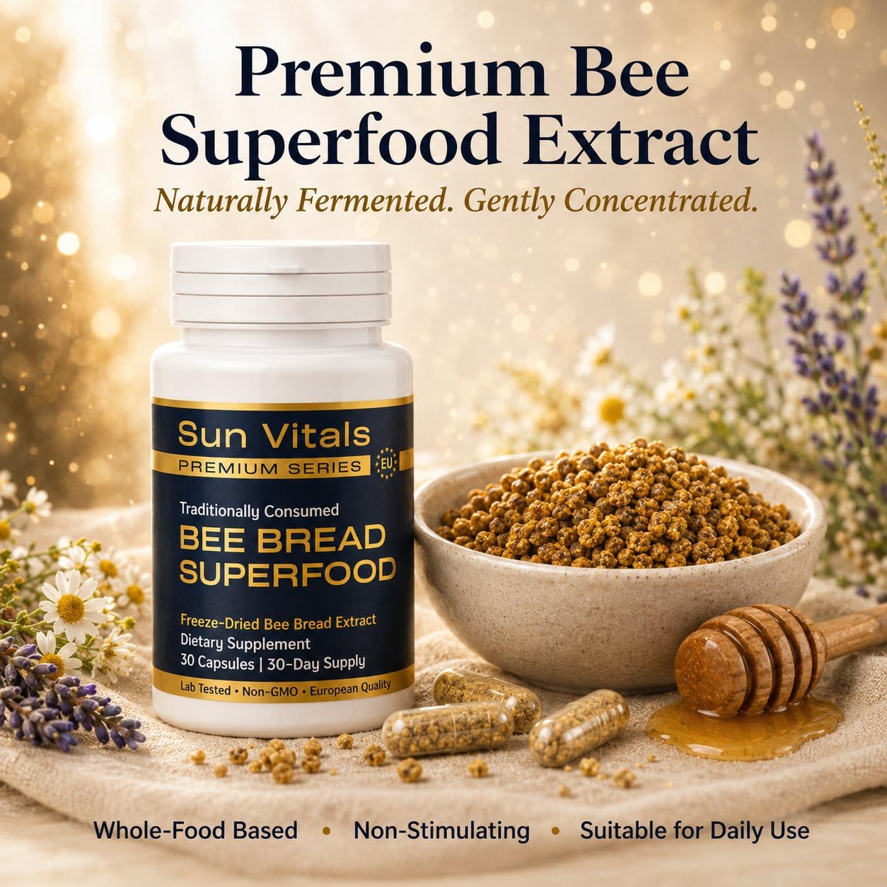 Sun Vitals Bee Bread Extract with Natural Vitamin C Capsules 30 Count