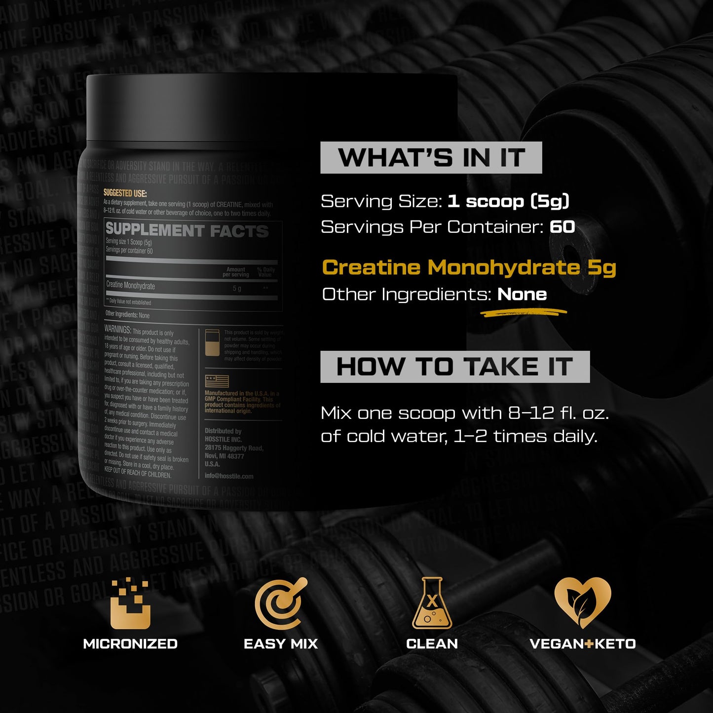 HOSSTILE Creatine Monohydrate Powder 10.6 Ounce