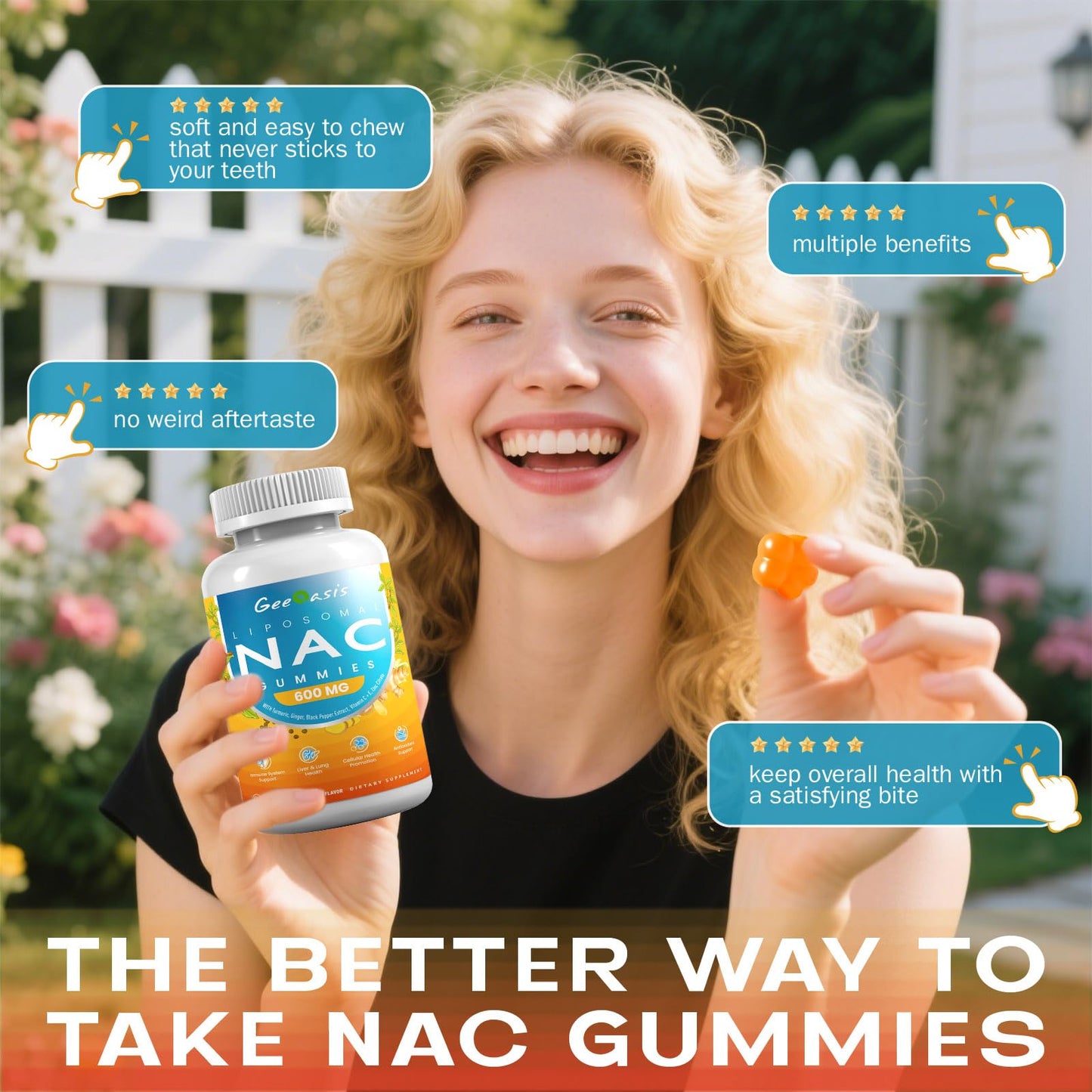 Geeoasis Liposomal NAC Gummies 600mg N-Acetyl Cysteine, Pineapple Flavor, Sugar-Free, Immune & Liver & Lung Support, with Turmeric, Ginger & Black Pepper, 60 Gummies