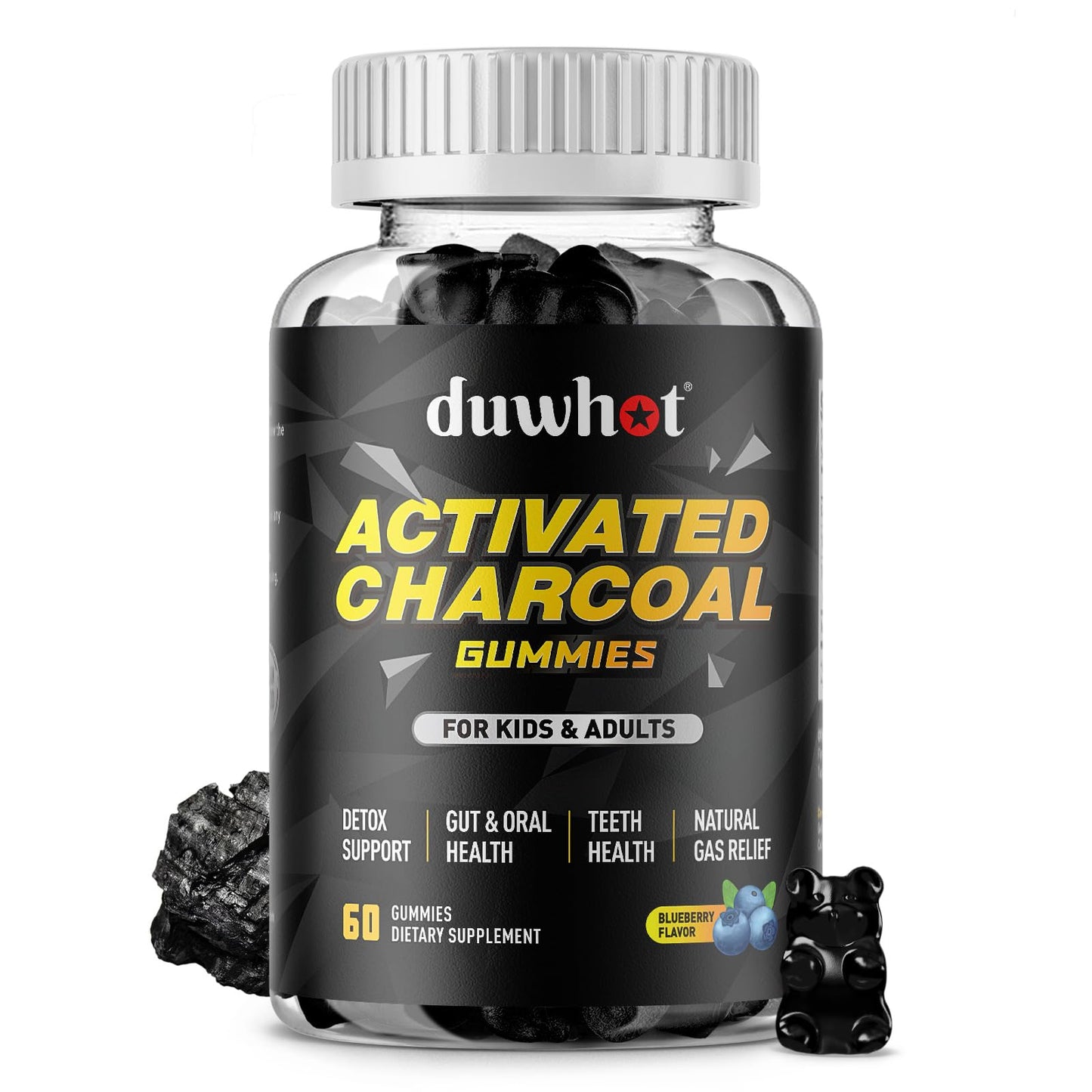 duwhot Activated Charcoal Gummies for Kids, 500mg Chewable Activated Charcoal Supplement for Gas Relief, Detox, Digestive and Oral Health, Vegan Blueberry Flavor, 60 Count