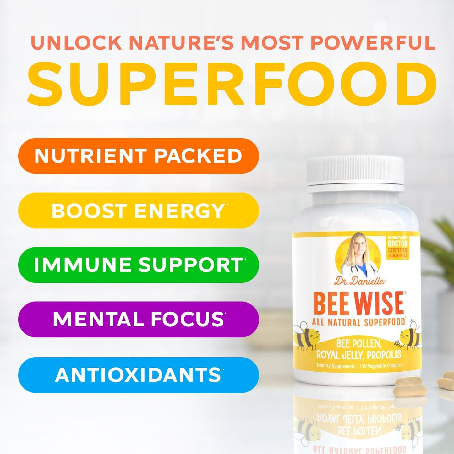 Doctor Danielle Bee Wise Bee Pollen Supplement with Royal Jelly, Propolis Capsule, 150 Count