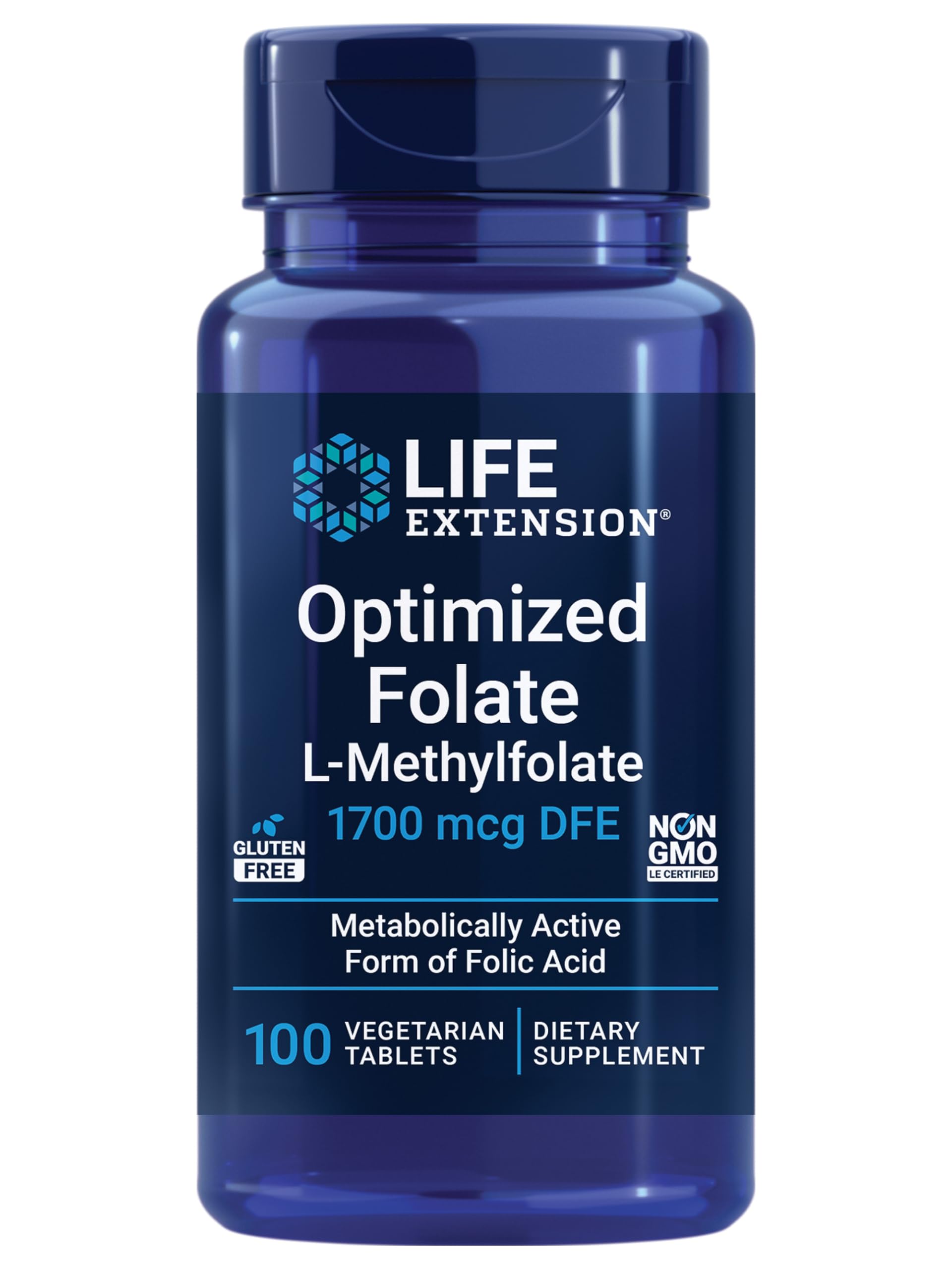 Life Extension Optimized Folate L-methylfolate Heart & Brain Support, Healthy Homocysteine Levels – 1700 mcg DFE, 100 Tablets