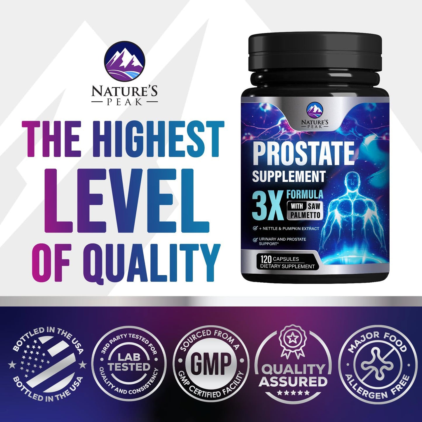Nature's Peak Prostate Health Supplements 3X Strength Saw Palmetto Blend with Stinging Nettle Root & Pumpkin Seed, Capsules, 120 Count
