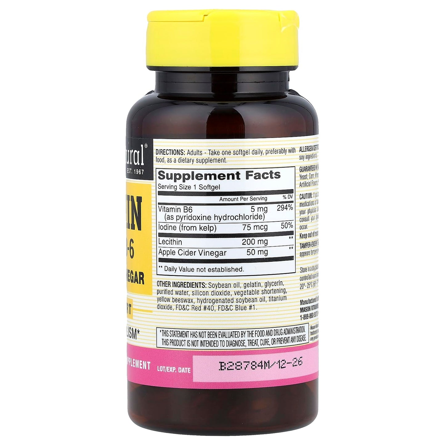 Mason Natural Lecithin with Kelp, B6 Plus Cider Vinegar Softgels 100
