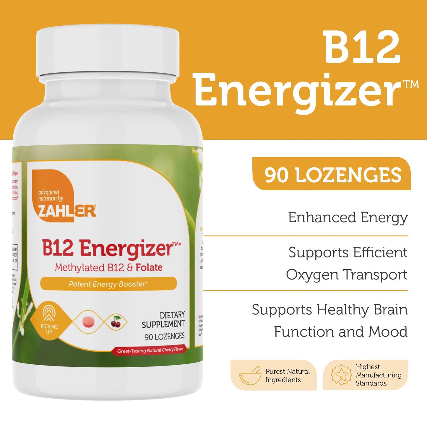 Zahler Energizer Folate & B12 Supplement Tablet, Methylated B12 & Folate, 90 Count