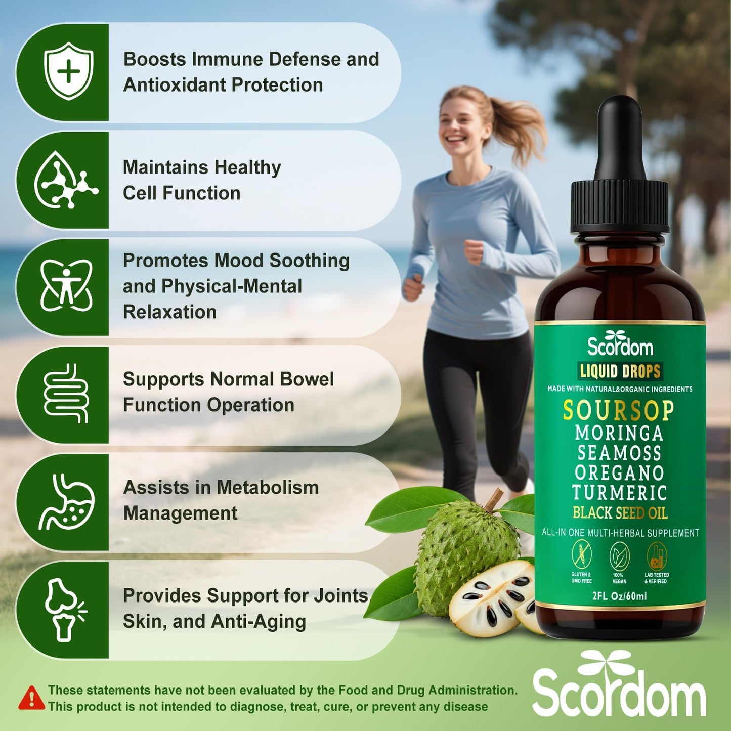 SCORDOM Soursop Bitters 10-in-1 with Sea Moss, Turmeric, Moringa, Black Seed Oil, Oregano, Ashwagandha & Herbal Extracts Capsule 1 Count