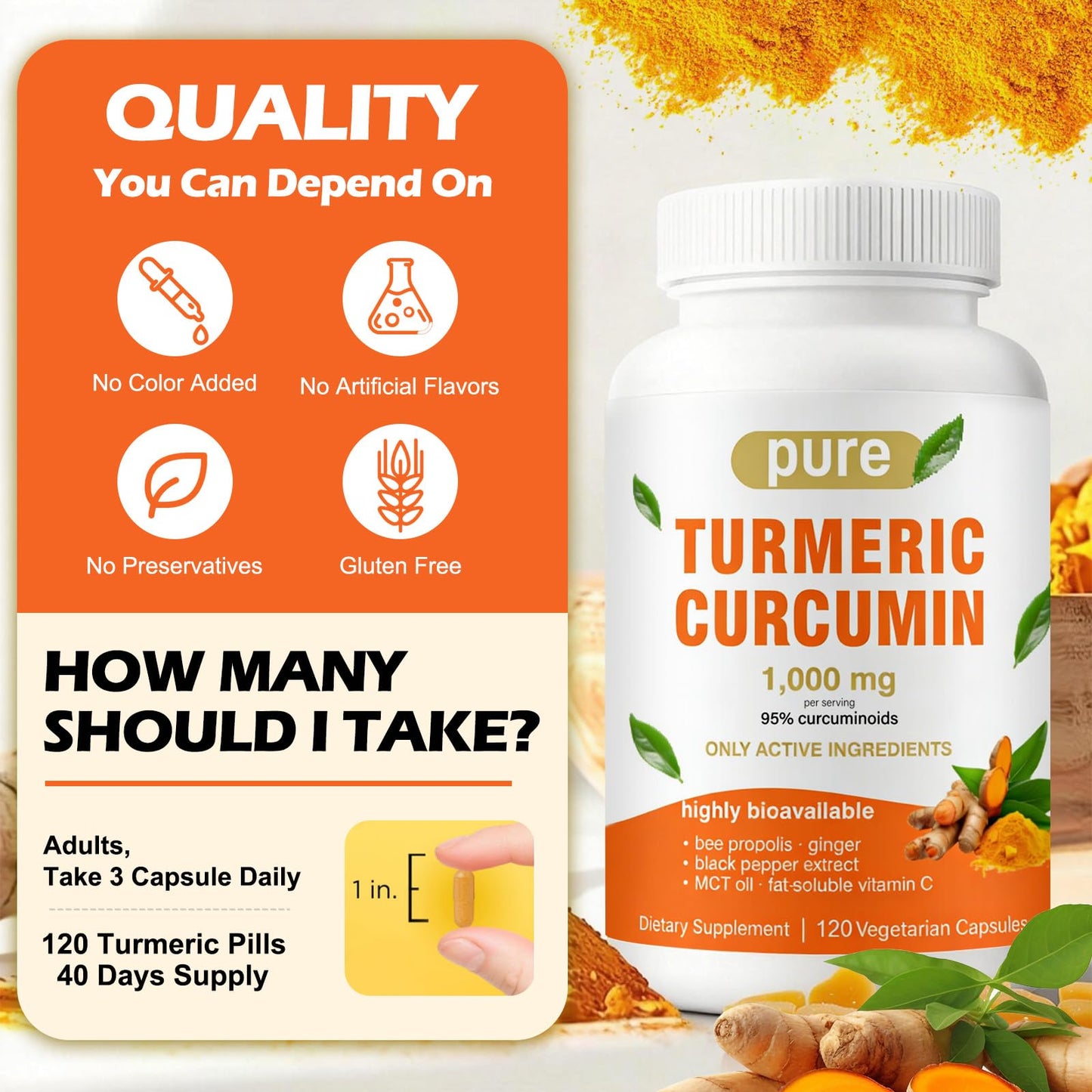 Tnaasmais Turmeric Curcumin Supplement 1000mg with Black Pepper Extract High Absorption 95% Curcuminoids Gluten Free Capsules 120 Capsules