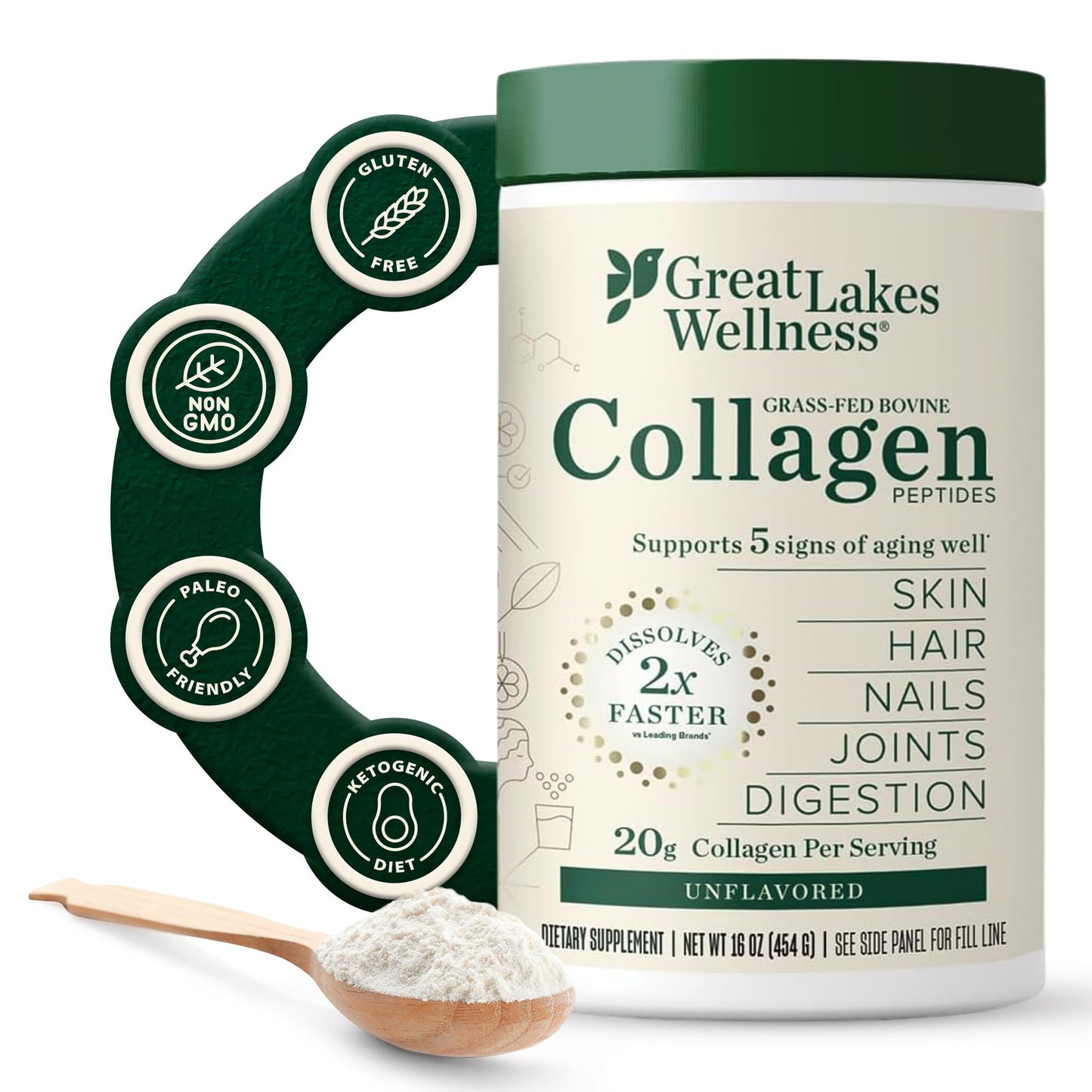 Great Lakes Wellness Collagen Peptides Powder 16 oz, 22 Servings