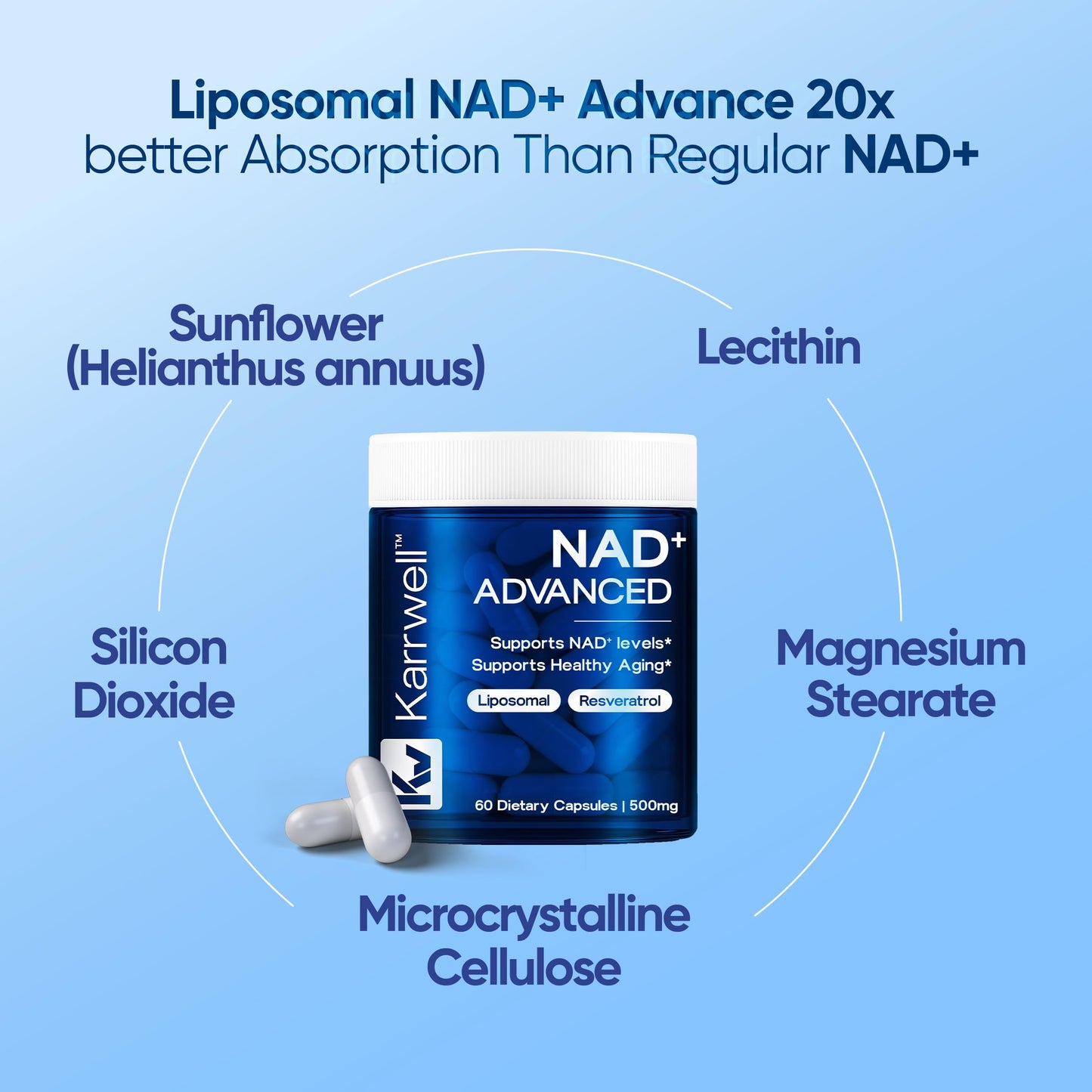 Karrwell Liposomal NAD+ Supplement 500mg with Resveratrol Capsules, 60 Count