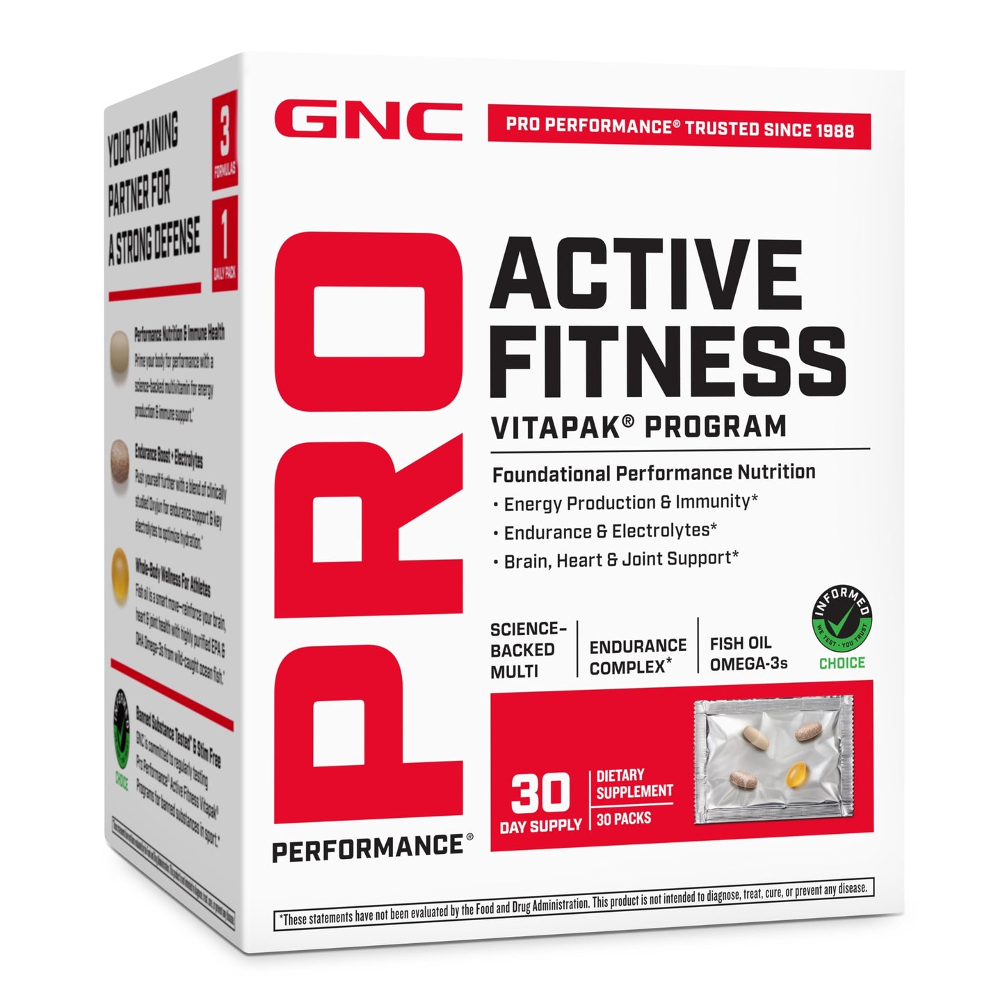 GNC Pro Performance Active Fitness Vitapak Program Daily Multivitamin for Energy, Immunity & Endurance Support Electrolytes & Omega-3s Travel-Friendly Packets Gluten-Free 30 Tablets