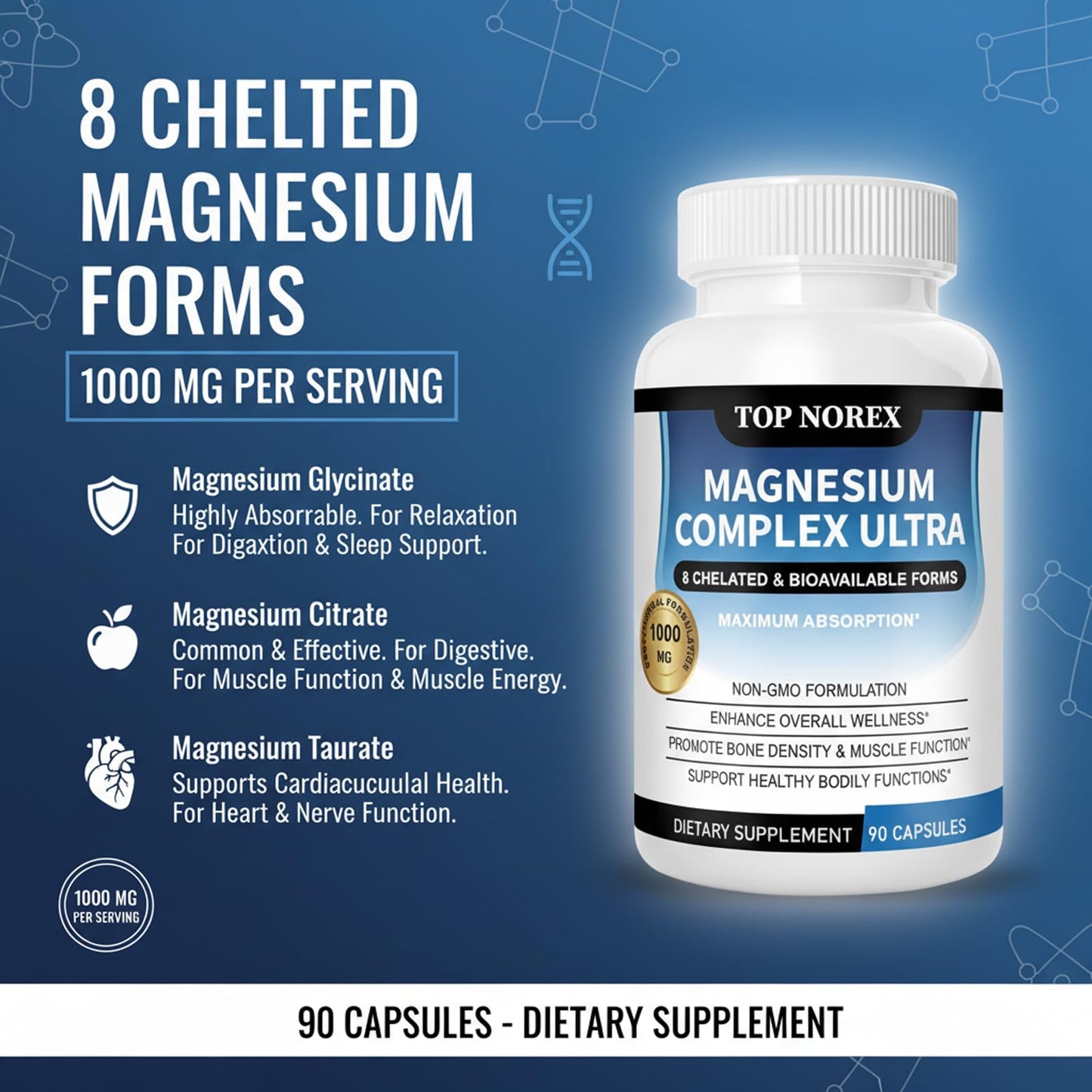 Top Norex Magnesium Complex Ultra - 8 Elemental 1000mg Magnesium Blend, Easy Absorption, 90 Capsules, 1 Count