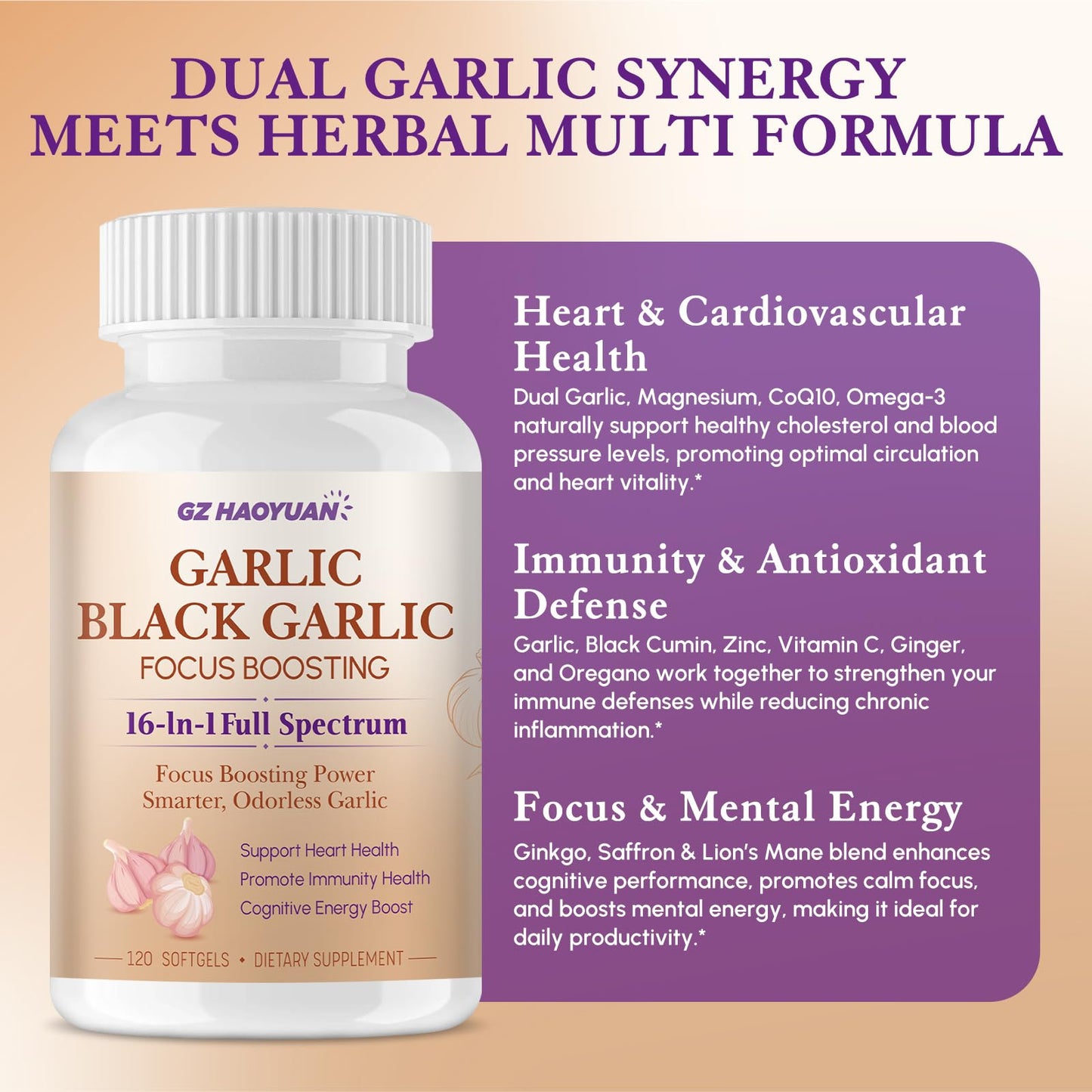 GZ HAOYUAN Odorless Garlic & Black Garlic Softgels 120 Count