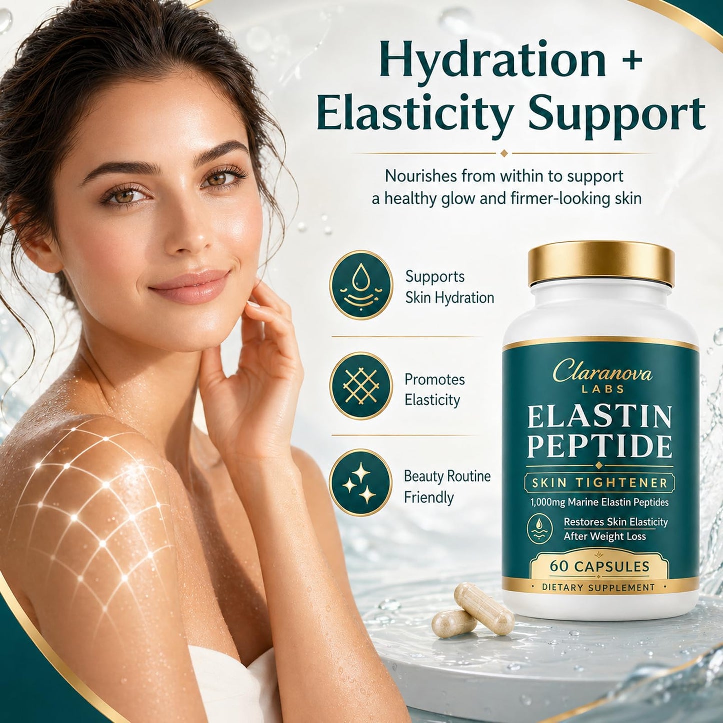 nourial Claranova Labs Marine Elastin Peptides, Elastin Peptide Skin Tightening Formula 60 Capsules