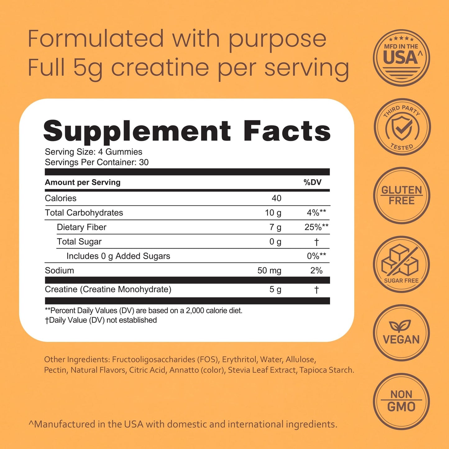 NaturaLife Labs Creatine Monohydrate Gummies - 5g per Serving - Tangerine Flavor - Gluten-Free, Non-GMO, Vegan, Sugar Free - 120 Gummies