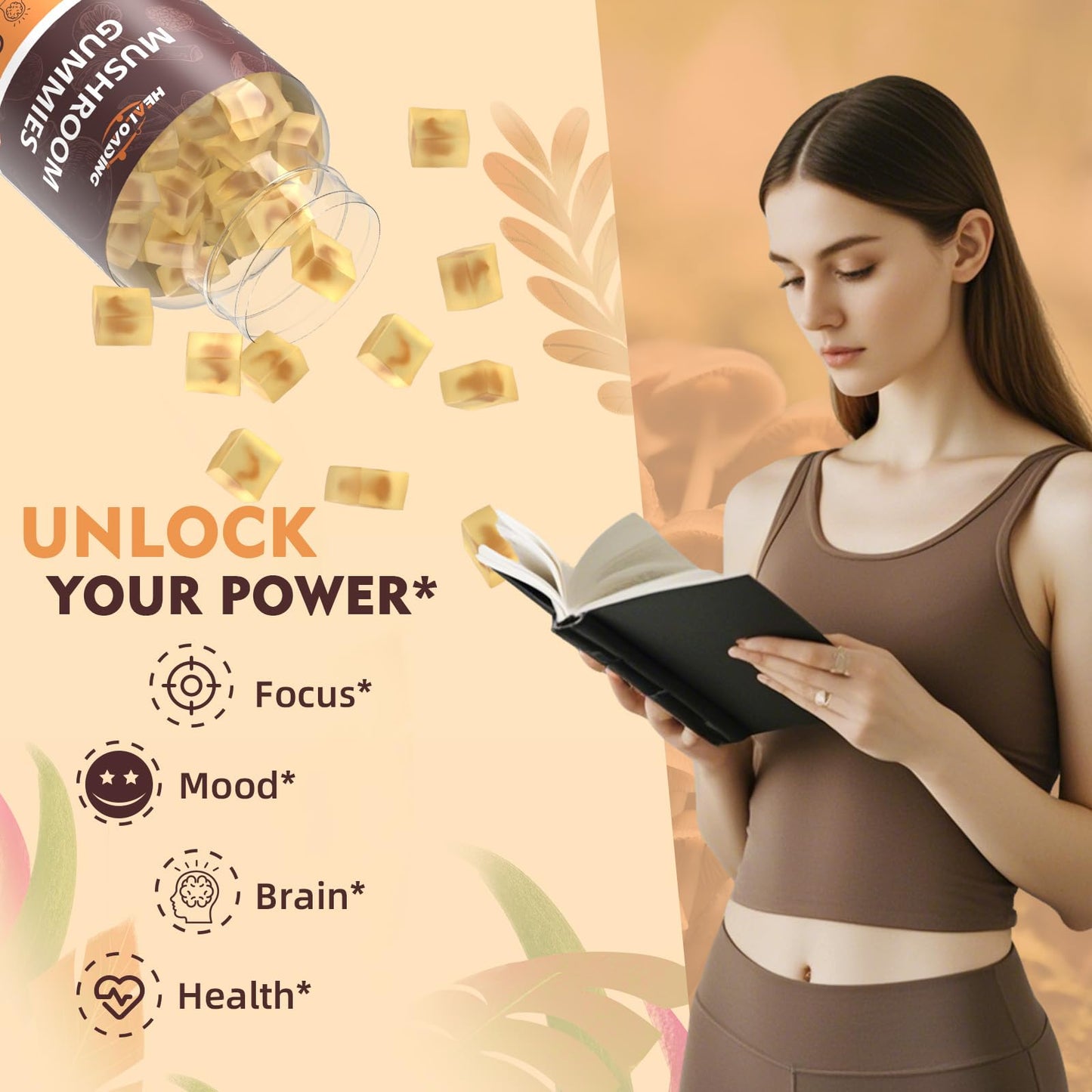 HEALOADING Mushroom Gummies with 10 Functional Mushrooms (Lion's Mane, Reishi, Chaga, Cordyceps & More) for Focus & Energy - Vegan, Non-GMO, 60 Gummies