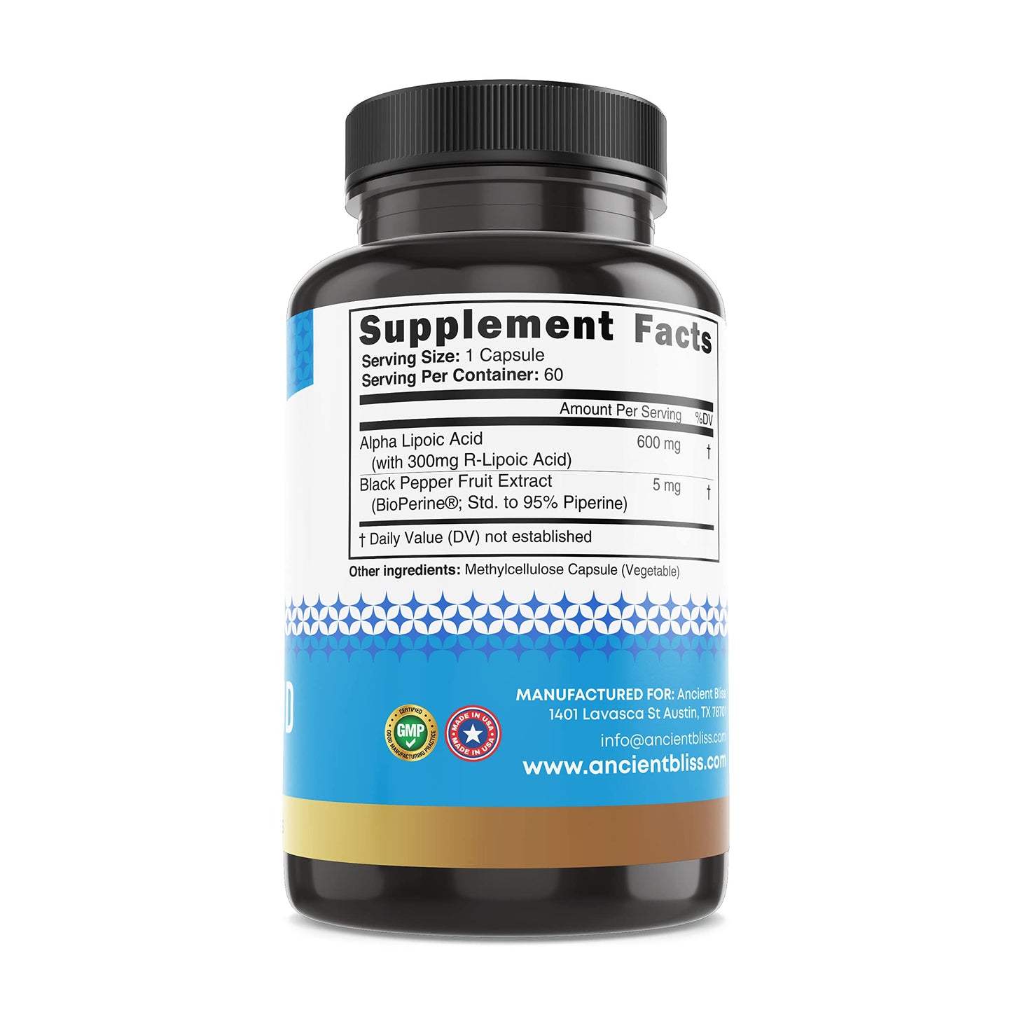 Ancient Bliss Alpha Lipoic Acid Supplement Capsules, 60 Count