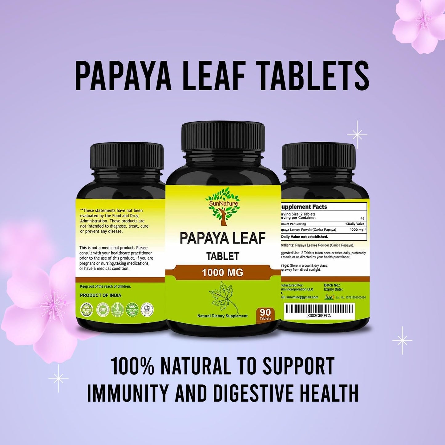 SunNature Papaya Leaf Tablets 1000 mg, 90 Tablets