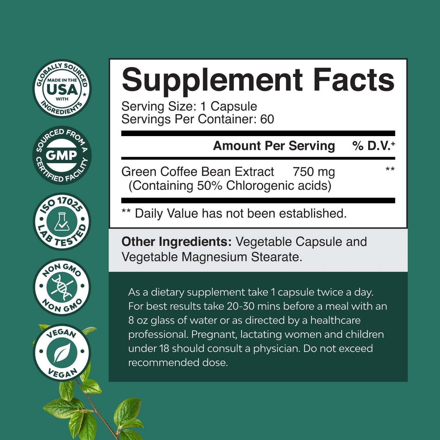 Natures Craft Green Coffee Bean Extract for Metabolism Support Capsules, 60 Count
