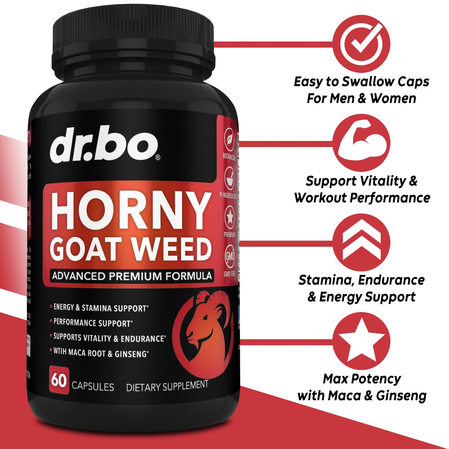 DR. BO Horny Goat Weed For Men and Women 1590mg Extra Max Male Enhancement, Stamina, Endurance, Performance - Maca Root, Tribulus, Muira Puama, L Arginine Ginseng 60 Capsules