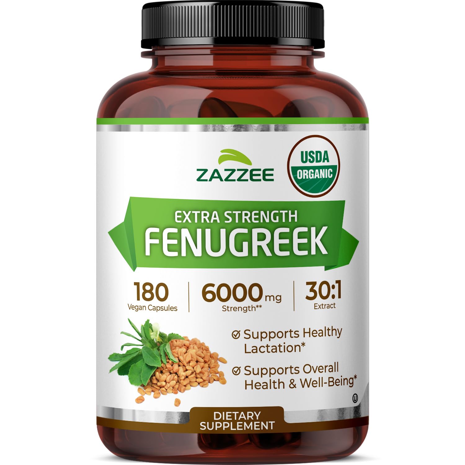 Zazzee USDA Organic Fenugreek 30:1 Extract Capsules, 180 Count