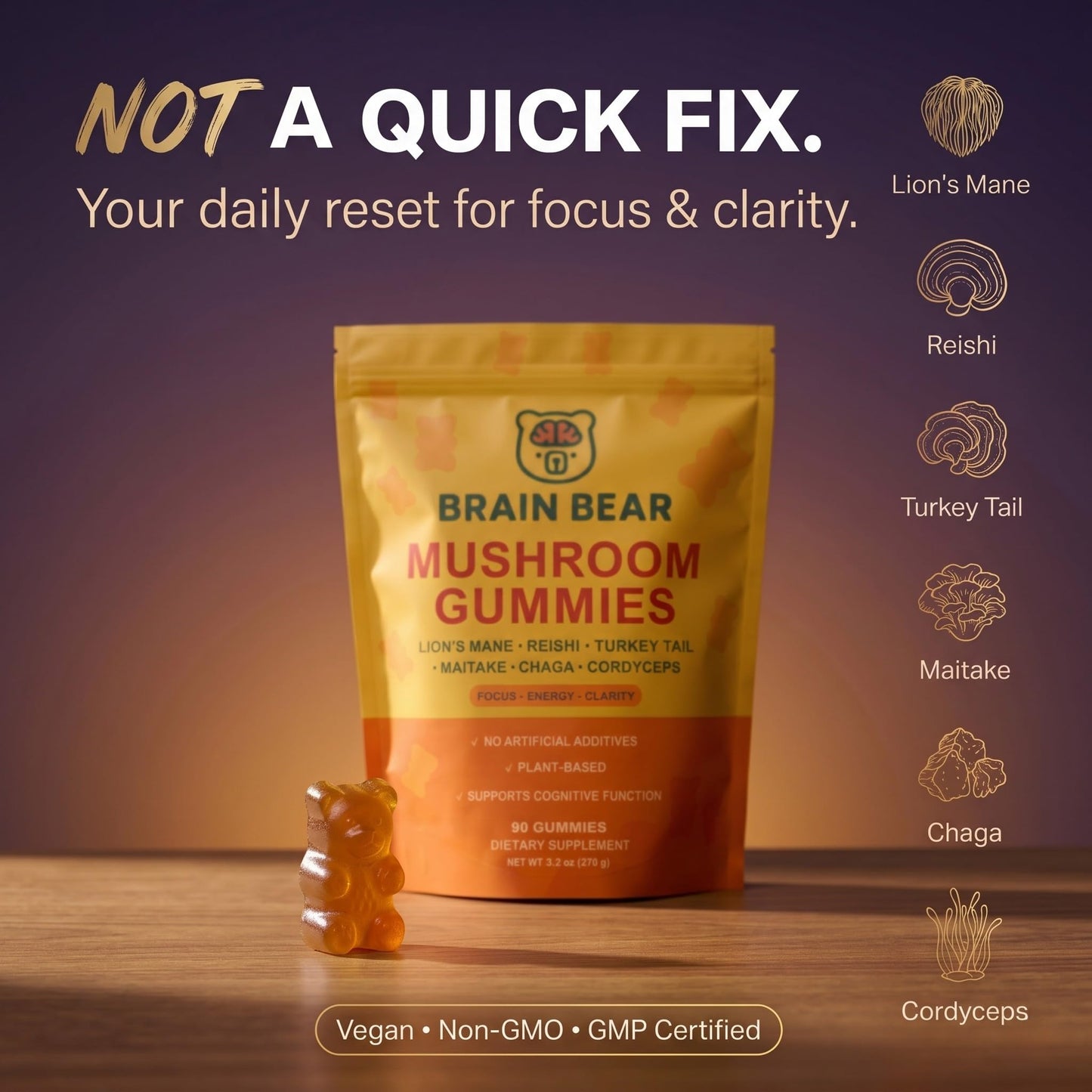 Brain Bear LLC Mushroom Gummies Lion’s Mane, Reishi, Cordyceps, Chaga, Maitake Gummy 90 Count