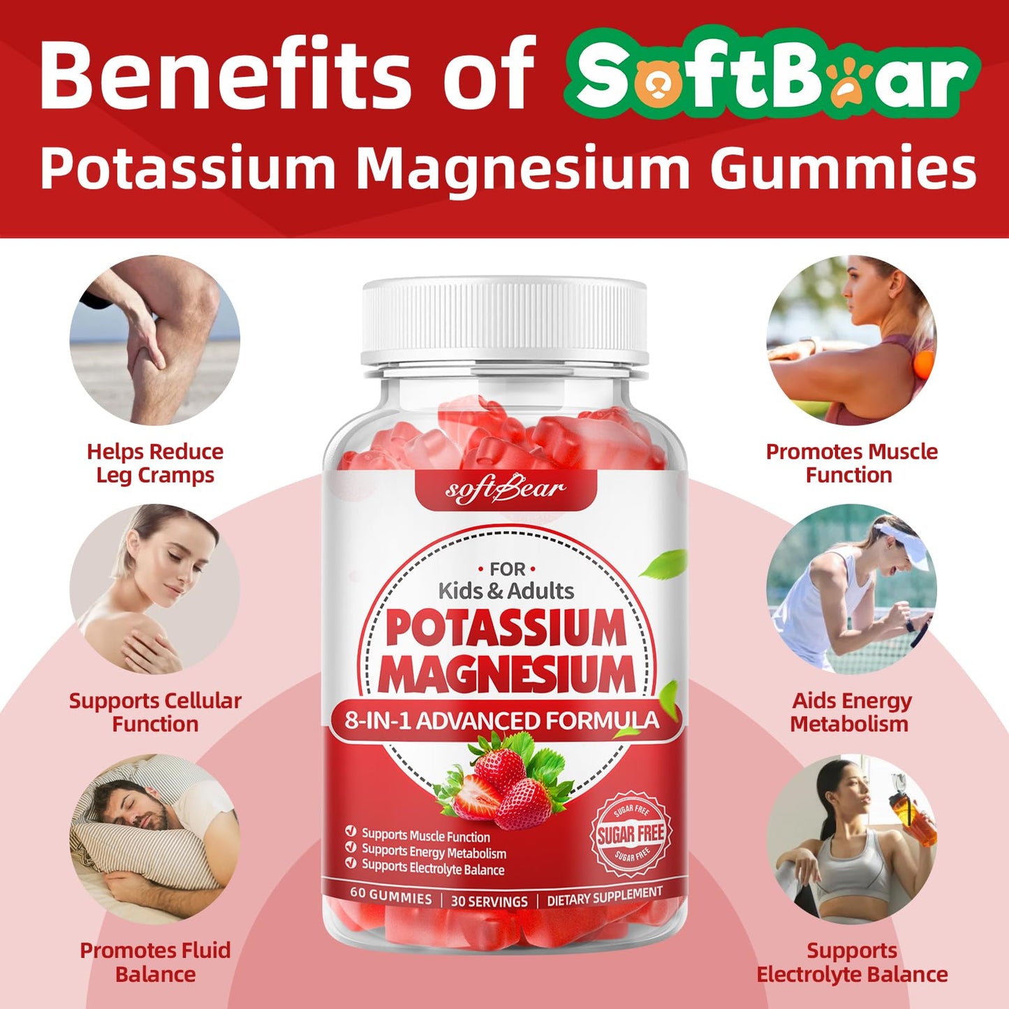 softbear Potassium Gummies for Adults, High Absorption Magnesium Potassium Supplement with Vitamin B6 for Leg Cramps & Muscle Health Sugar-Free Vegan Strawberry, 60 Gummies